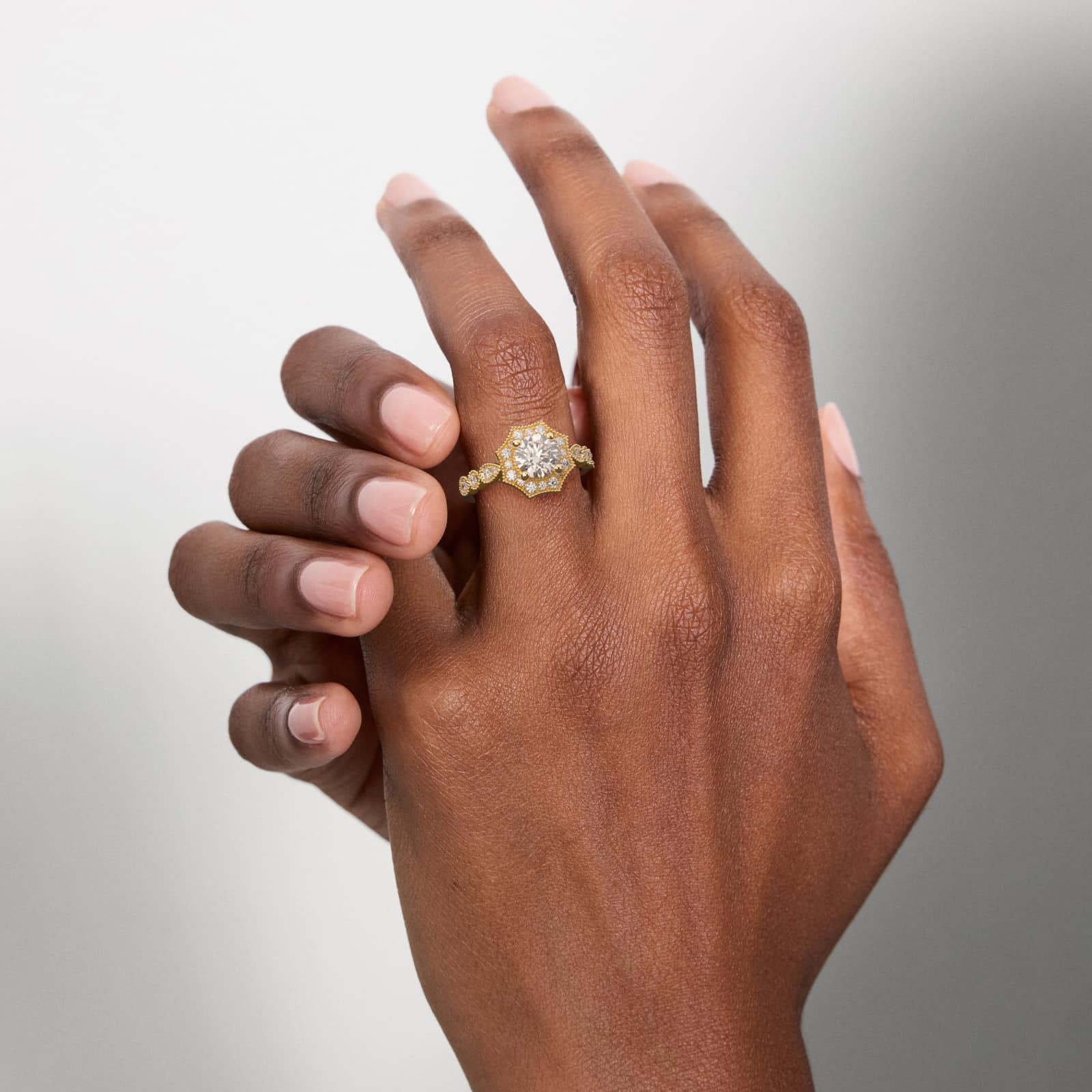 Octagonal Halo Vintage-Style Engagement Ring In 14K Yellow Gold