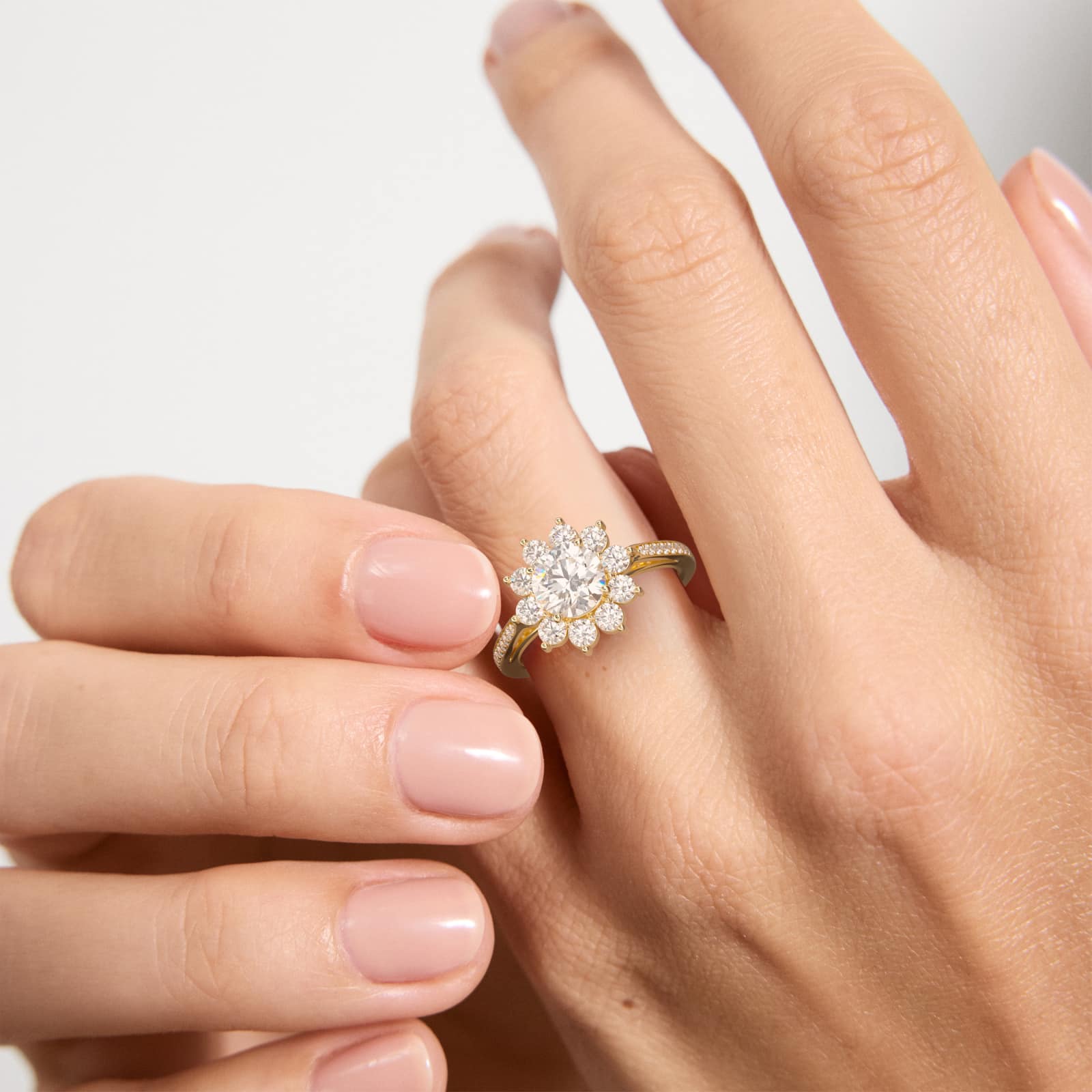 Star Diamond Halo Cathedral Engagement Ring In 14K Yellow Gold