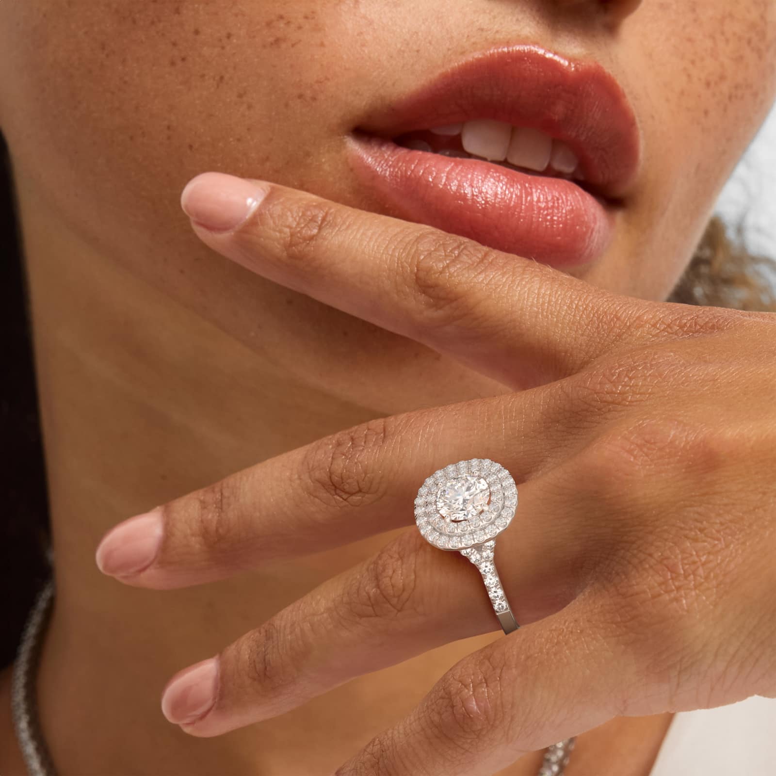 Platinum Diamond Split Shank Double Halo Pavé Engagement Ring