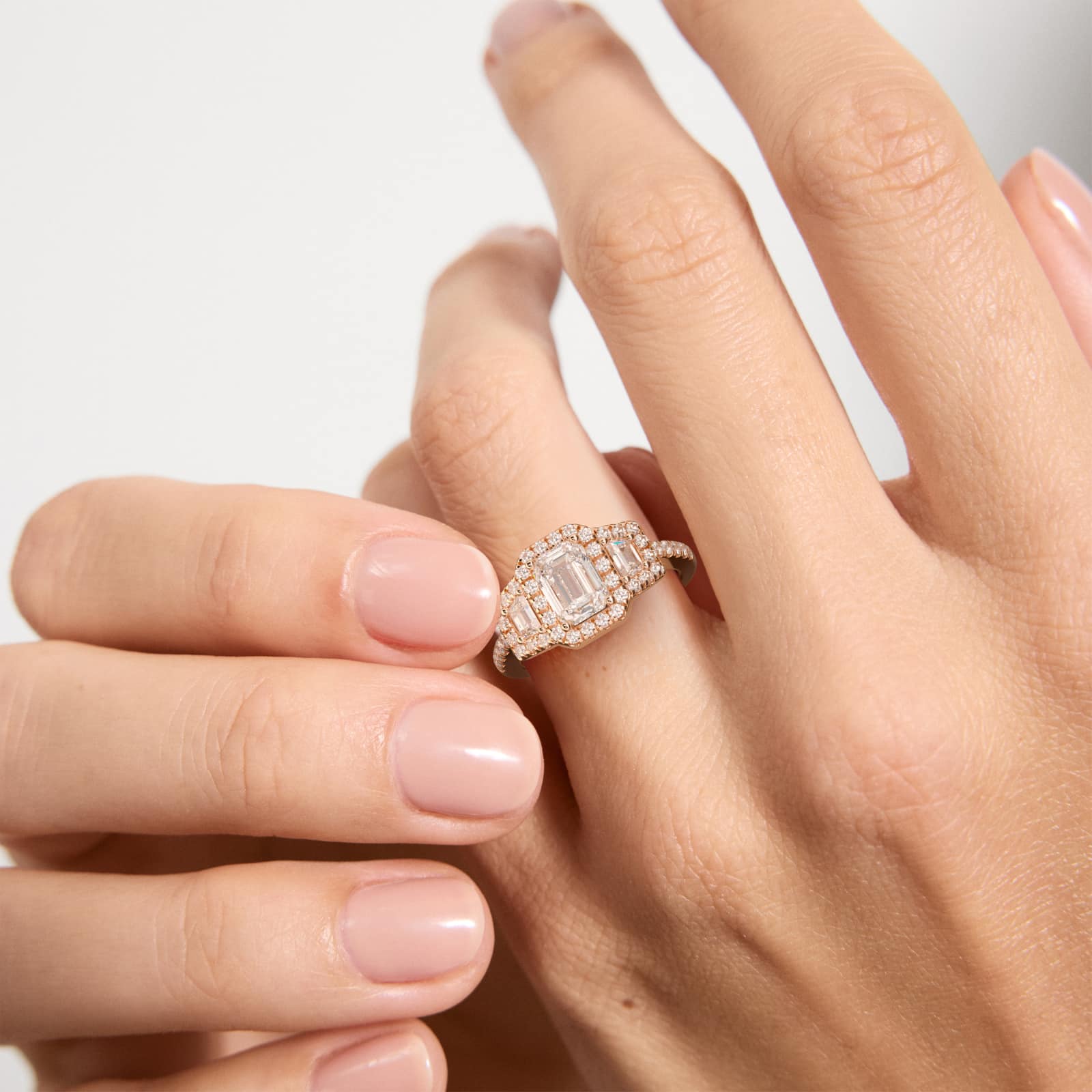 Framed Trapezoid Diamond Three Stone Engagement Ring In 14K Rose Gold