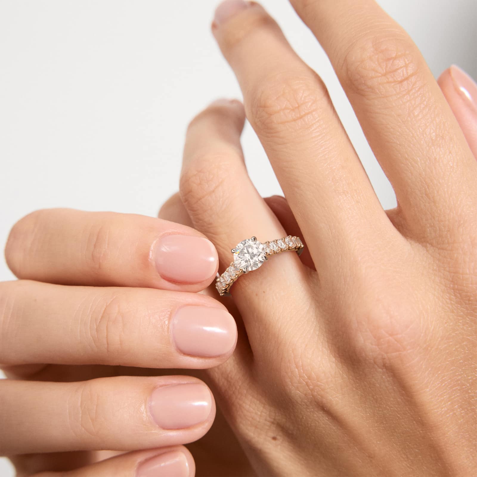 Twelve Stone Cathedral Contour Side Stone Diamond Shared Prong Engagement Ring In 14K Rose Gold