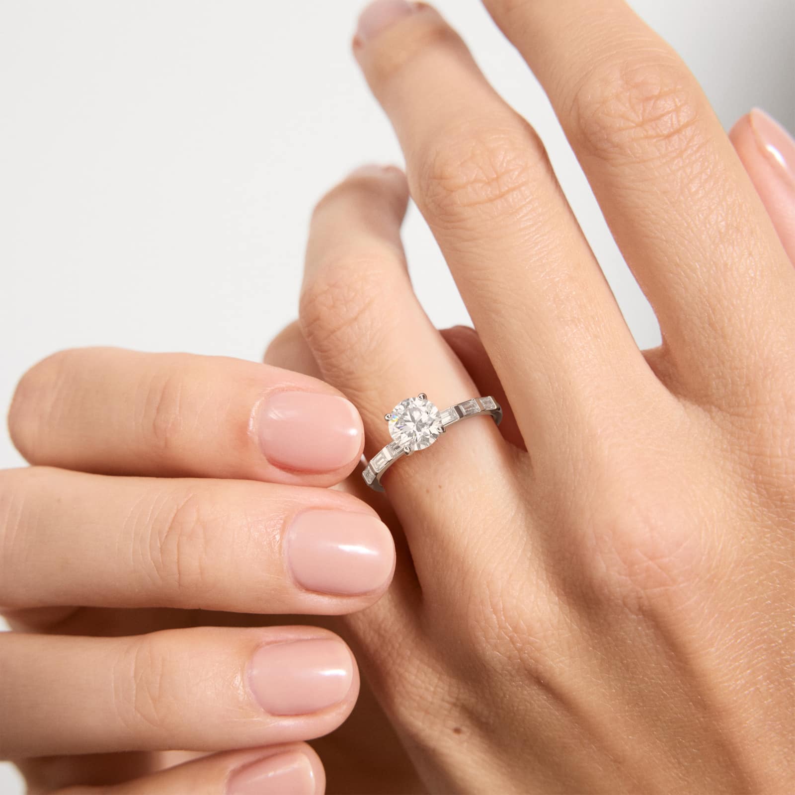 Straight Baguette Row Side Stone Diamond Engagement Ring In 14K White Gold