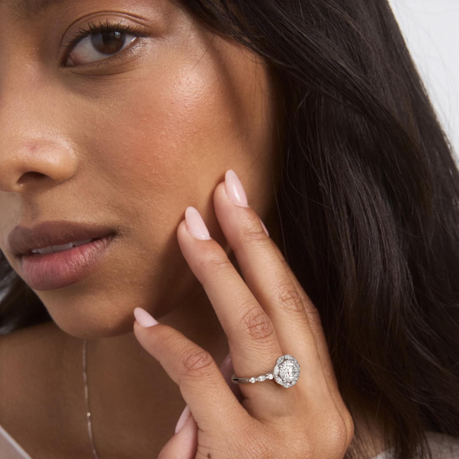 Shared Prong Marquise Diamond Halo Engagement Ring In 14K White Gold