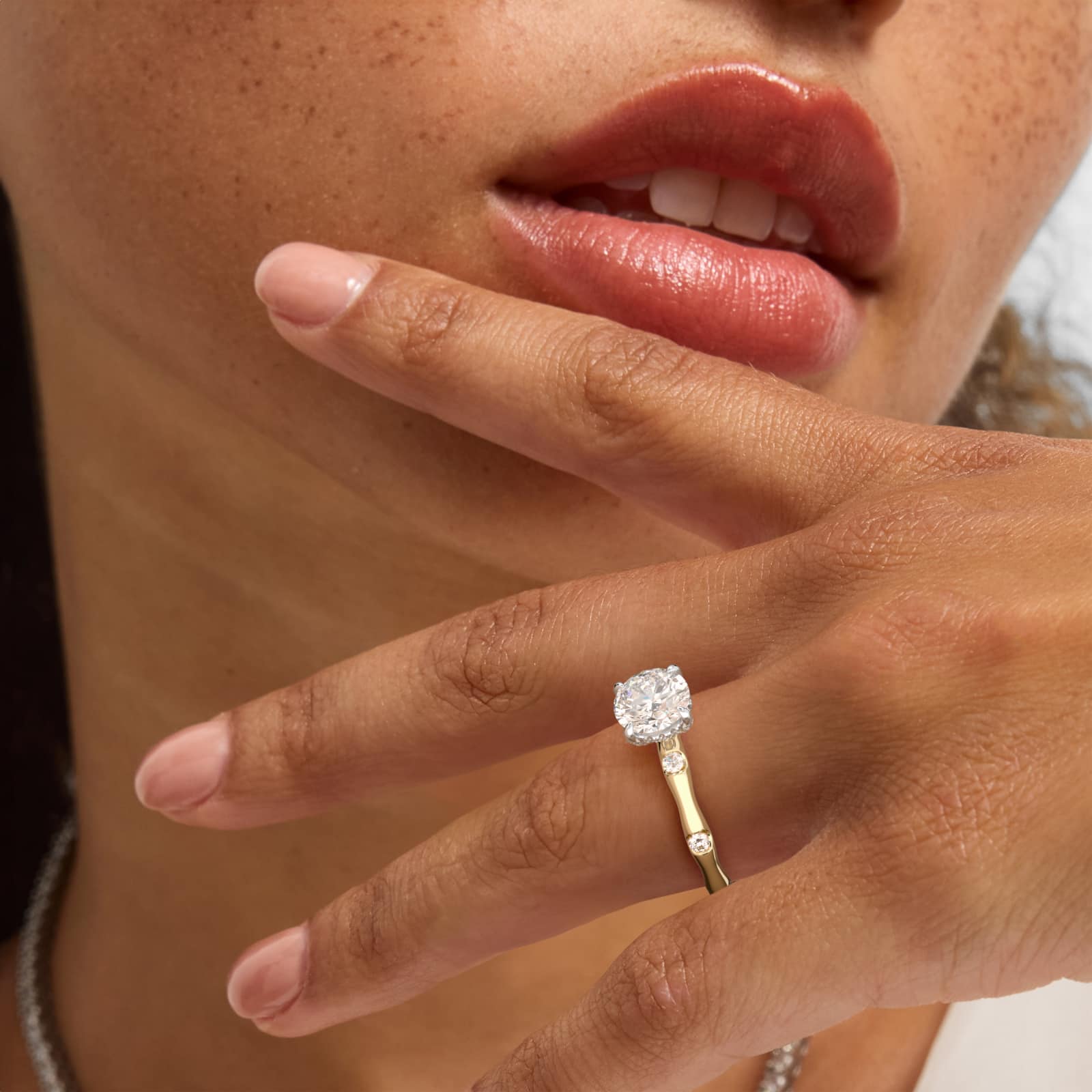 Bamboo Hidden Halo Side Stone Diamond Engagement Ring With Halo In 18K Yellow Gold