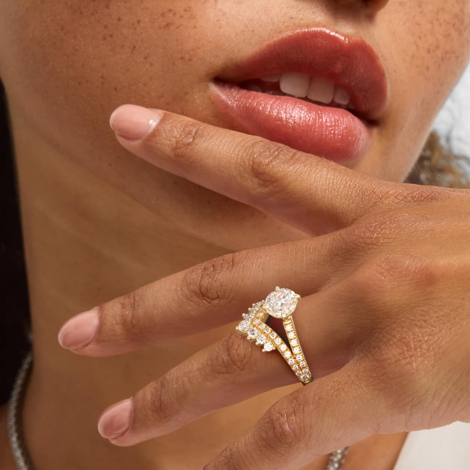 Double Row Majestic Diamond Tiara Side Stone Engagement Ring In 18K Yellow Gold