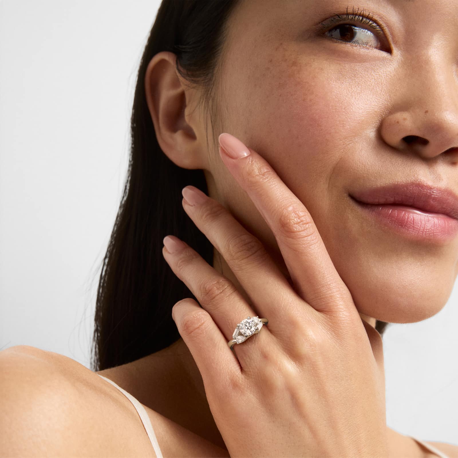 Baguette And Pear Shape Side Stone Diamond Engagement Ring With Hidden Halo In 14K White Gold