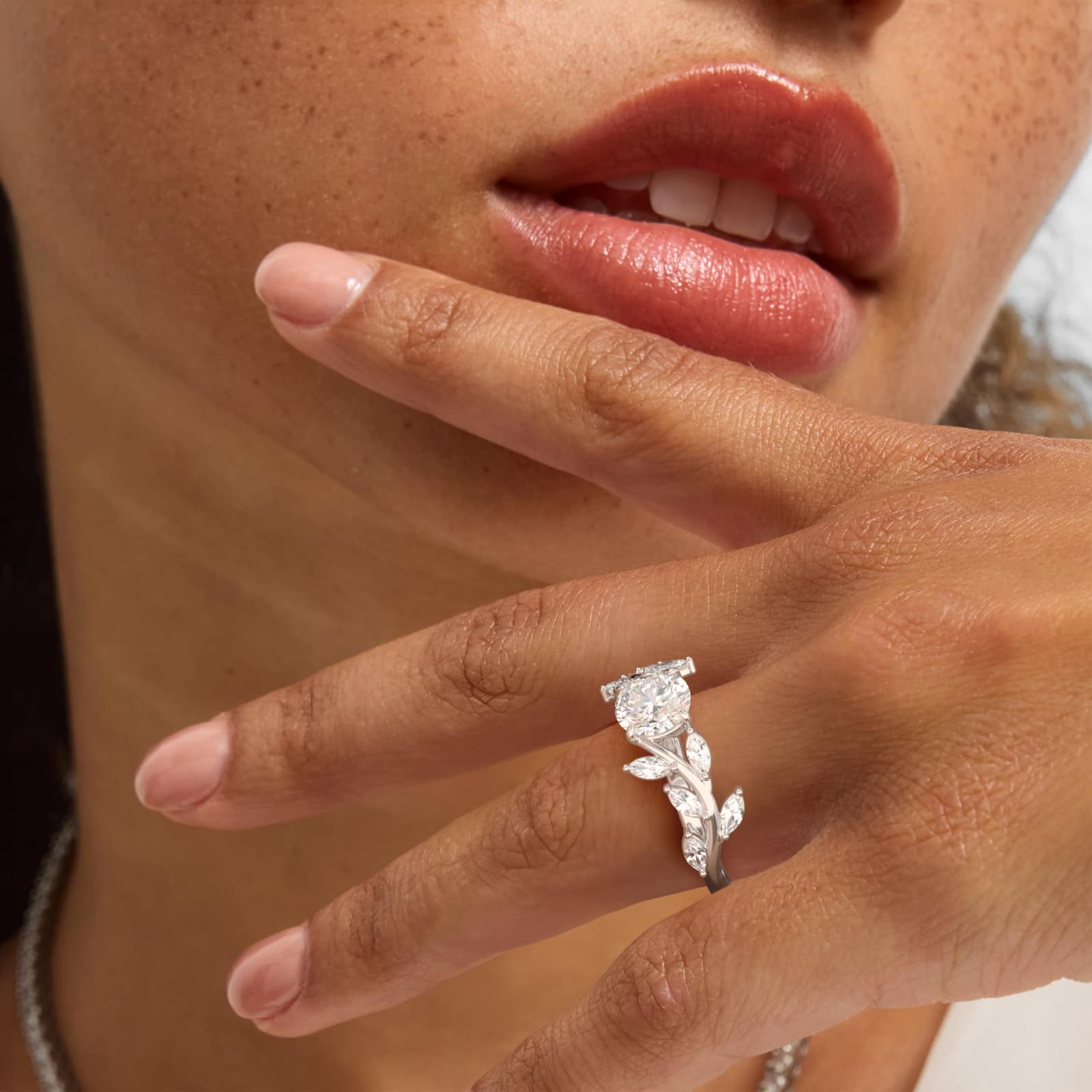 Floral Side Stone Diamond Engagement Ring In 14K White Gold