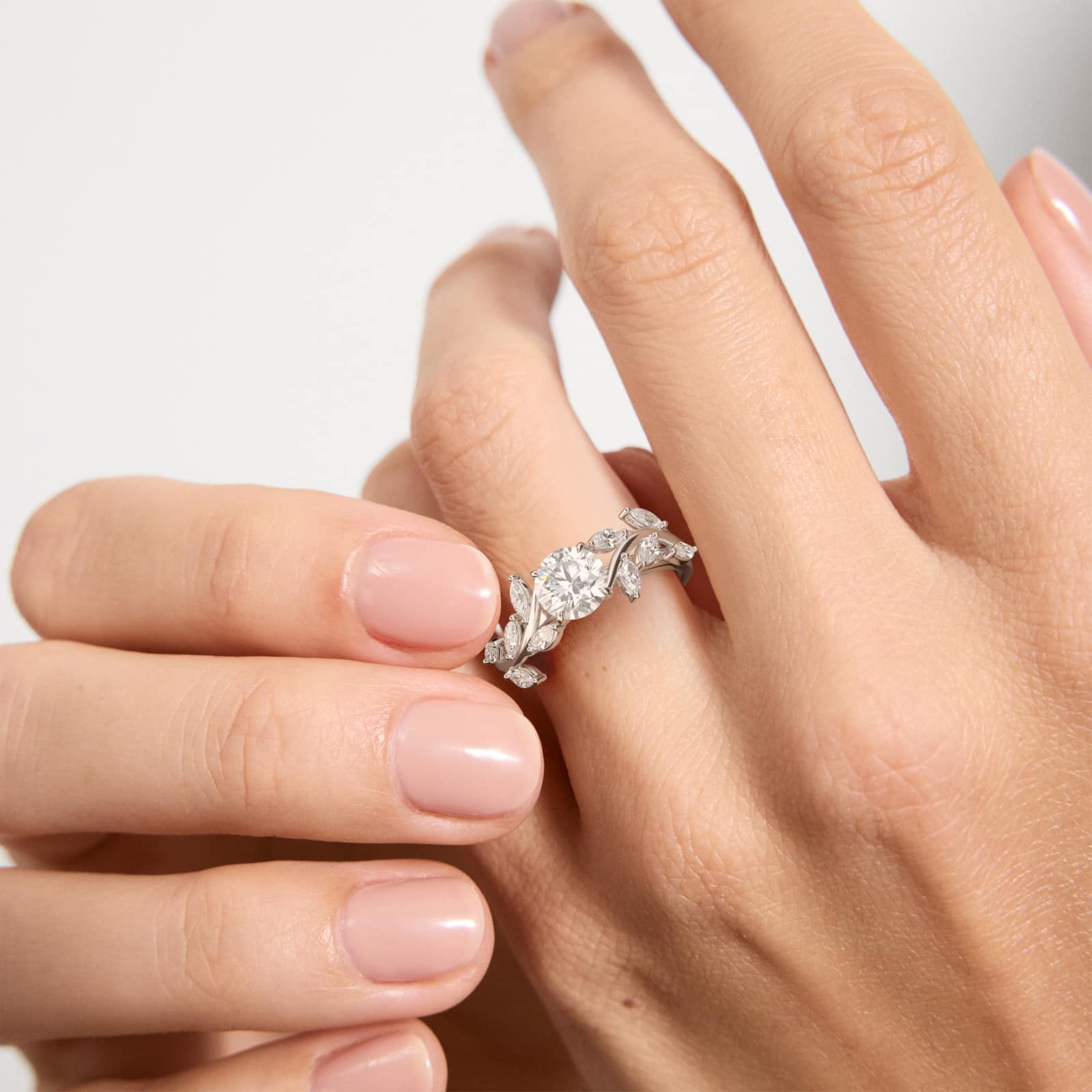 Floral Side Stone Diamond Engagement Ring In 14K White Gold