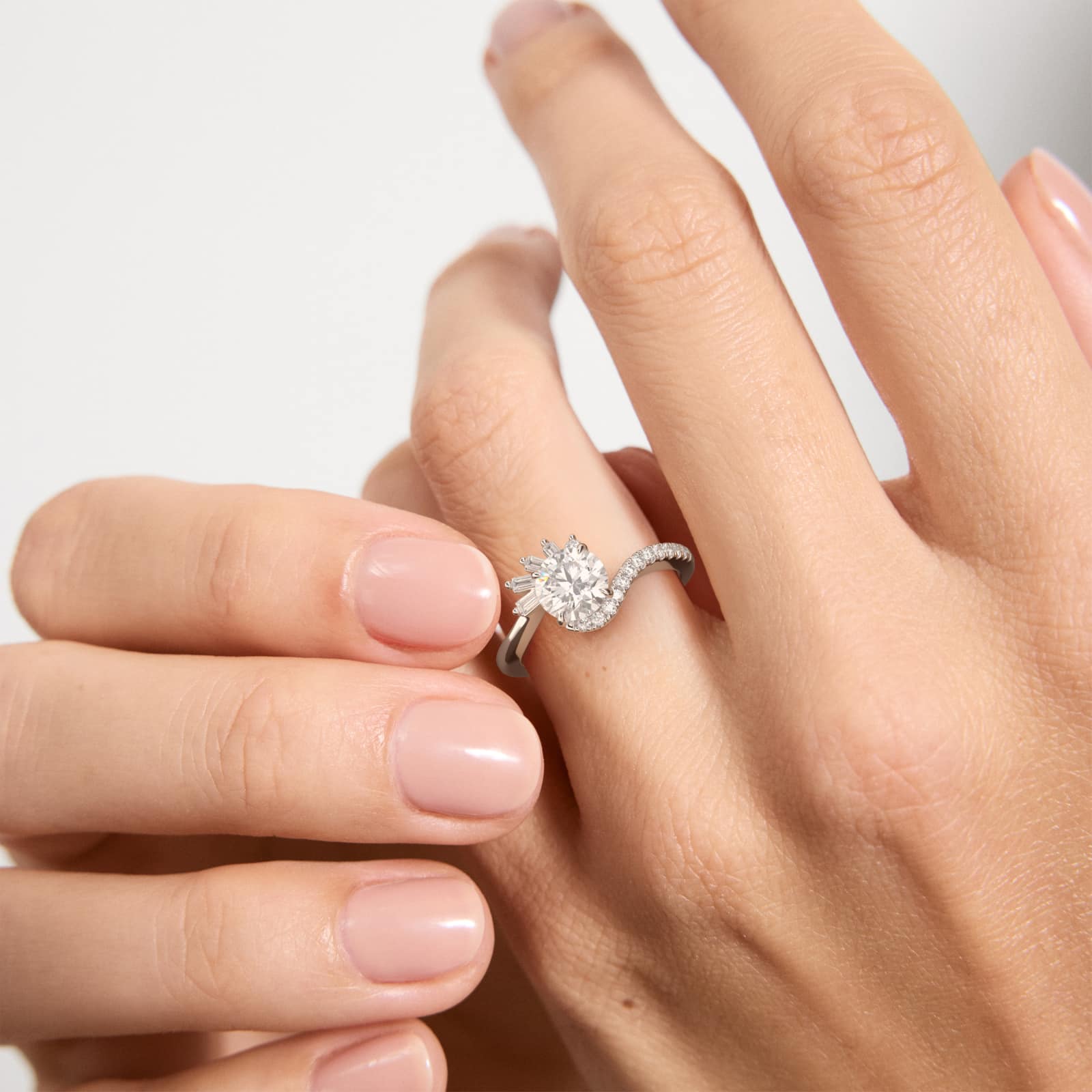 Feathered Diamond Bypass Side Stone Engagement Ring In 14K White Gold