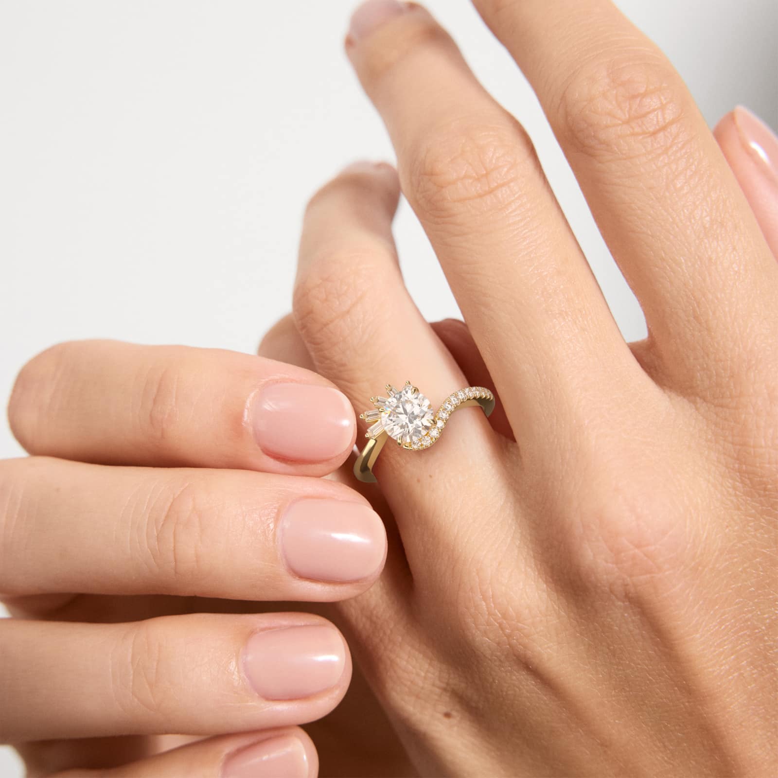 Feathered Diamond Bypass Side Stone Engagement Ring In 14K Yellow Gold