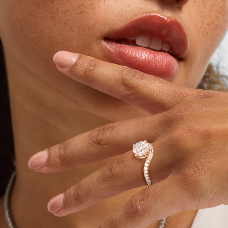 Sculptural Waves Pavé Diamond Engagement Ring in 14K Rose Gold with Prong Set Round Diamond (2mm)