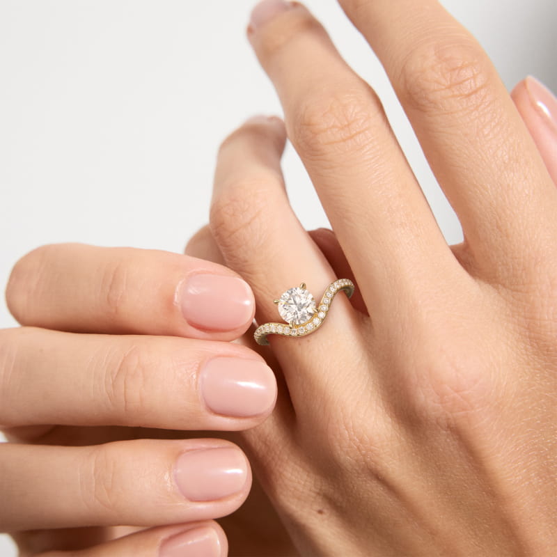 Sculptural Waves Pavé Diamond Engagement Ring in 14K Yellow Gold with Prong Set Round Diamond (2mm)