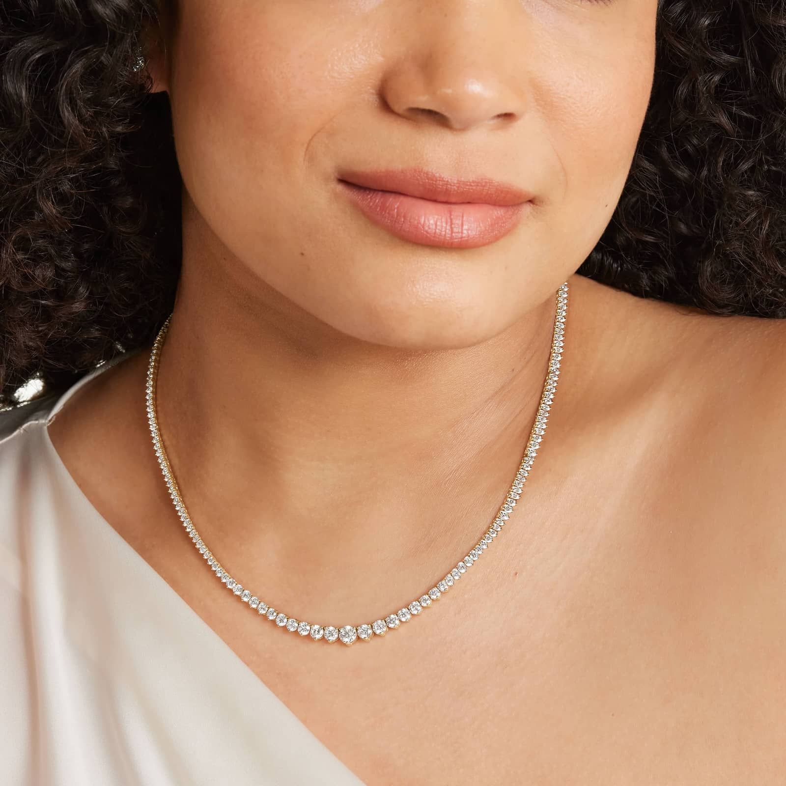 14K Yellow Gold Riviera Three Prong Graduating Diamond Tennis Necklace (10.00 CTW - H-I / SI1-SI2)