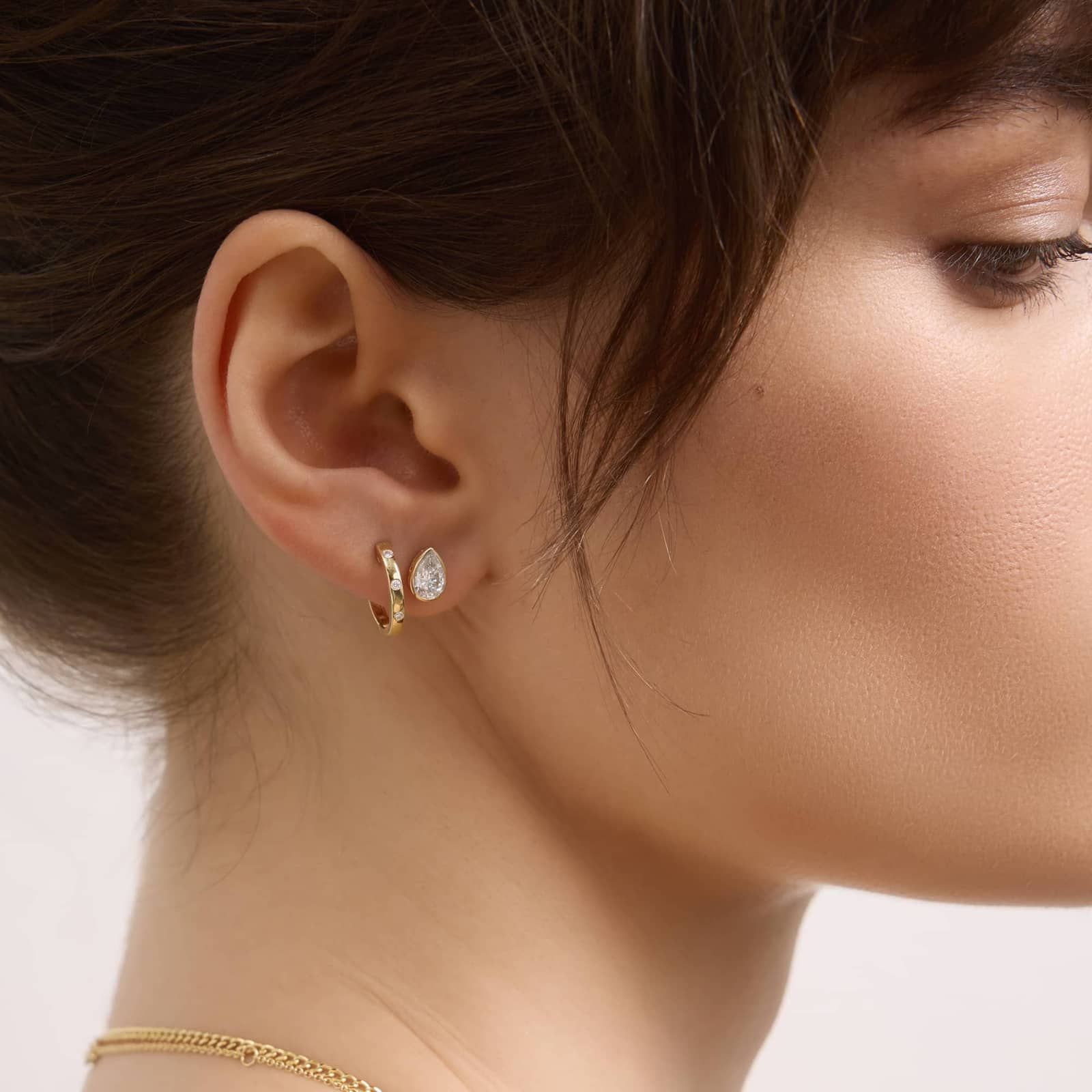 Bezel Diamond Stud Earrings With 1 CTW Pear Shaped Diamonds in 14K Yellow Gold