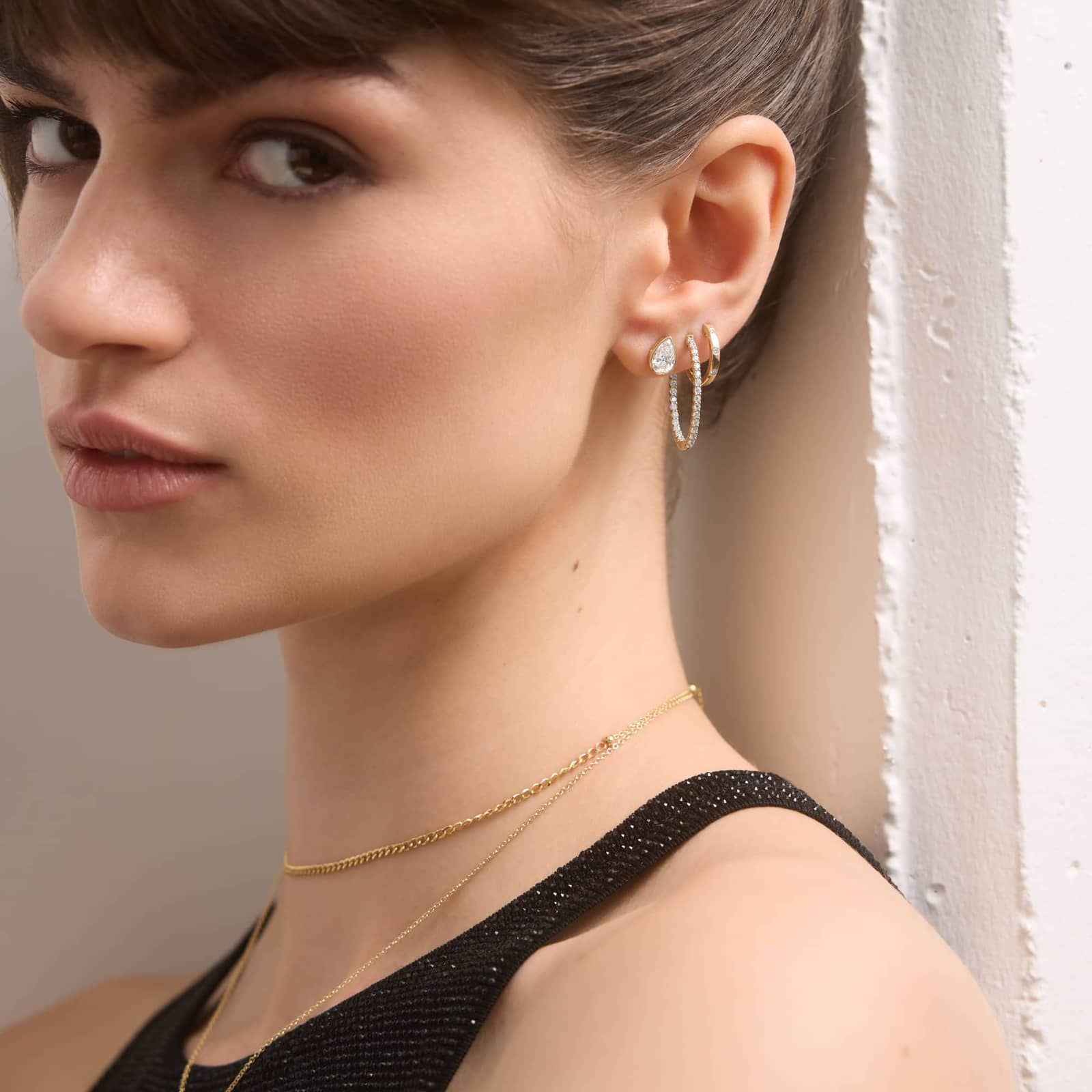 Bezel Diamond Stud Earrings With 1.5 CTW Pear Shaped Diamonds in 14K Yellow Gold