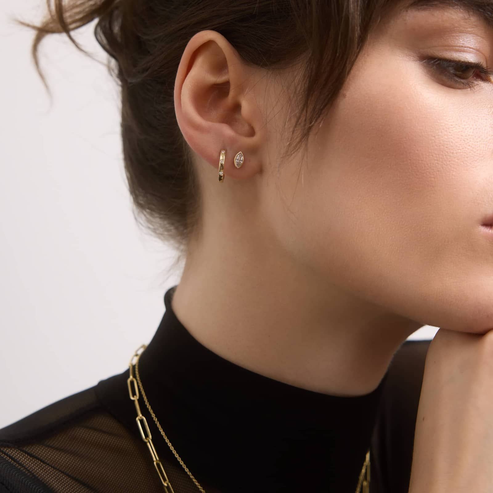 Bezel Diamond Stud Earrings With 0.5 CTW Marquise Cut Diamonds in 14K Yellow Gold