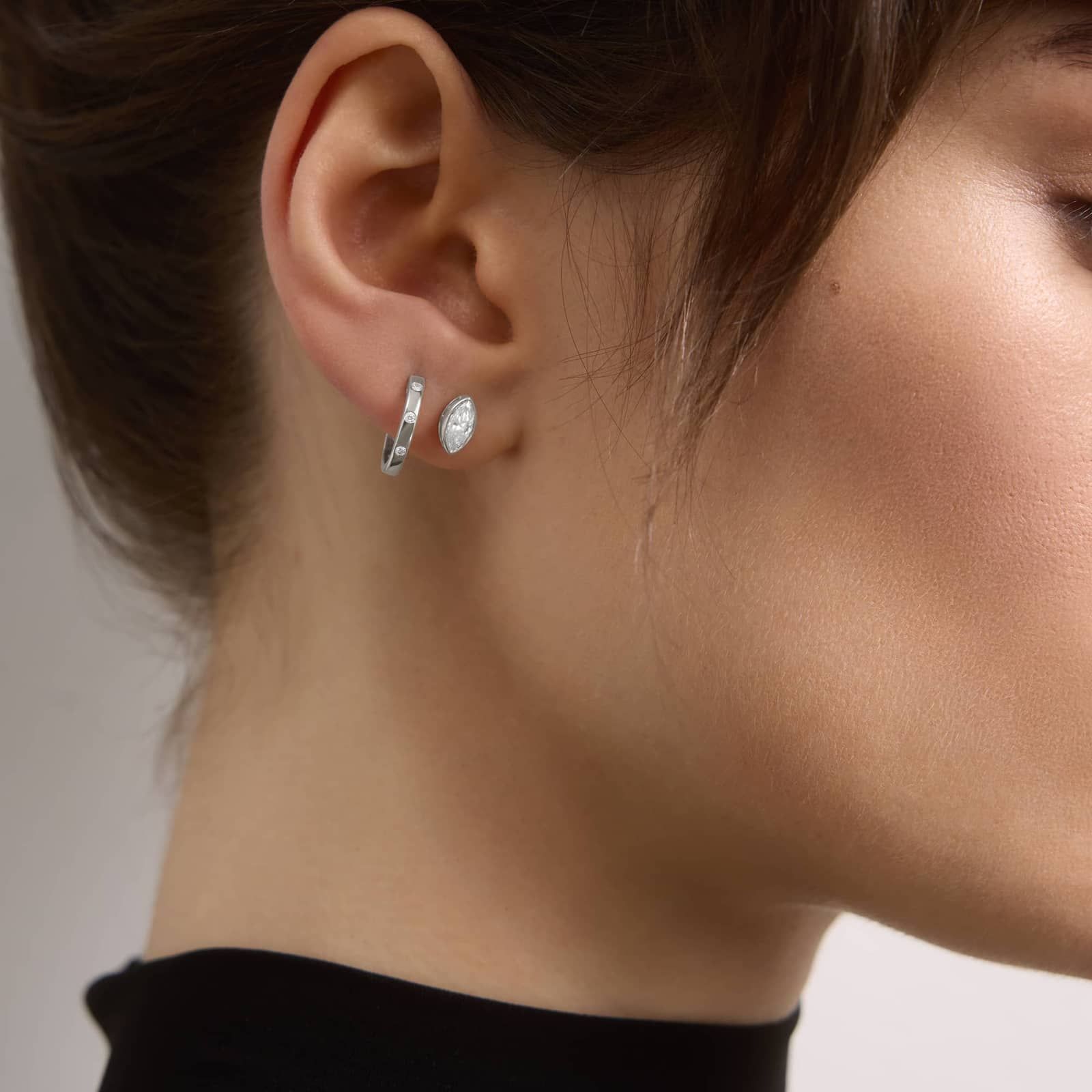 Bezel Diamond Stud Earrings With 0.75 CTW Marquise Cut Diamonds in 14K White Gold