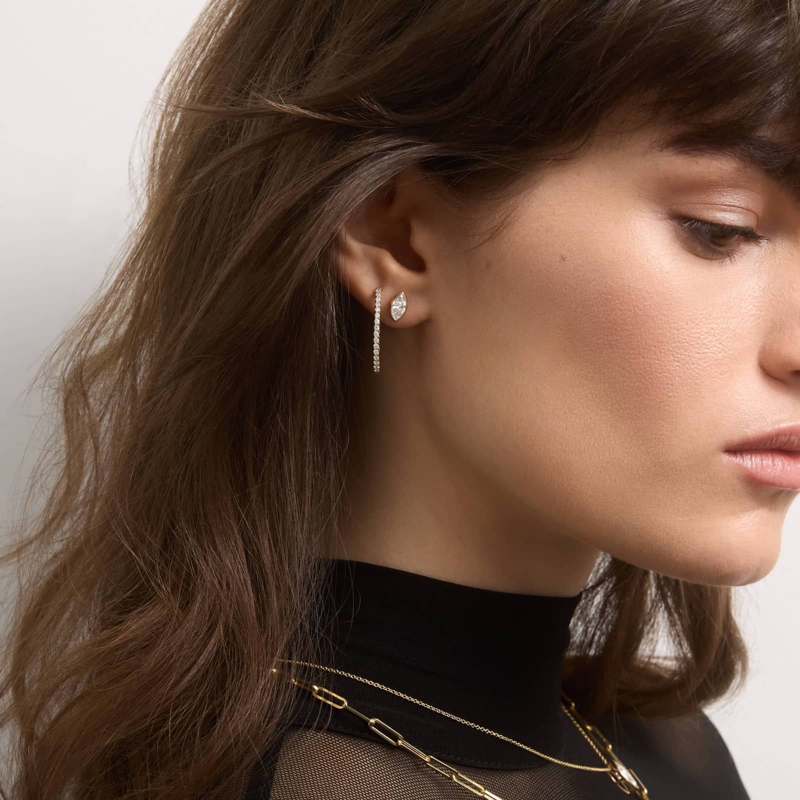 Bezel Diamond Stud Earrings With 1 CTW Marquise Cut Diamonds in 14K Yellow Gold