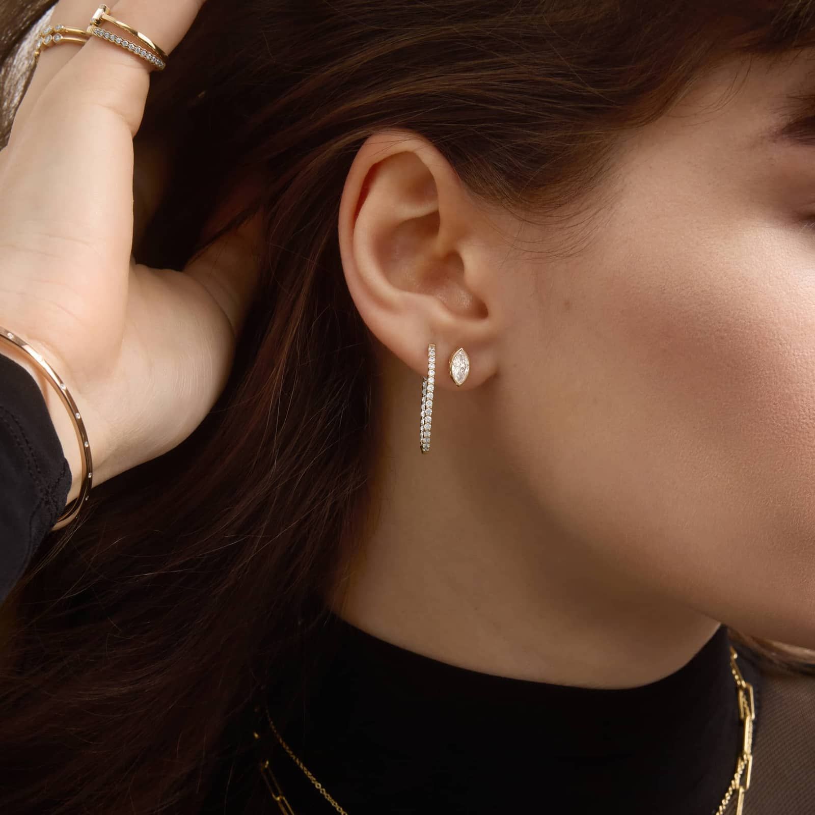 Bezel Diamond Stud Earrings With 1 CTW Marquise Cut Diamonds in 14K Yellow Gold