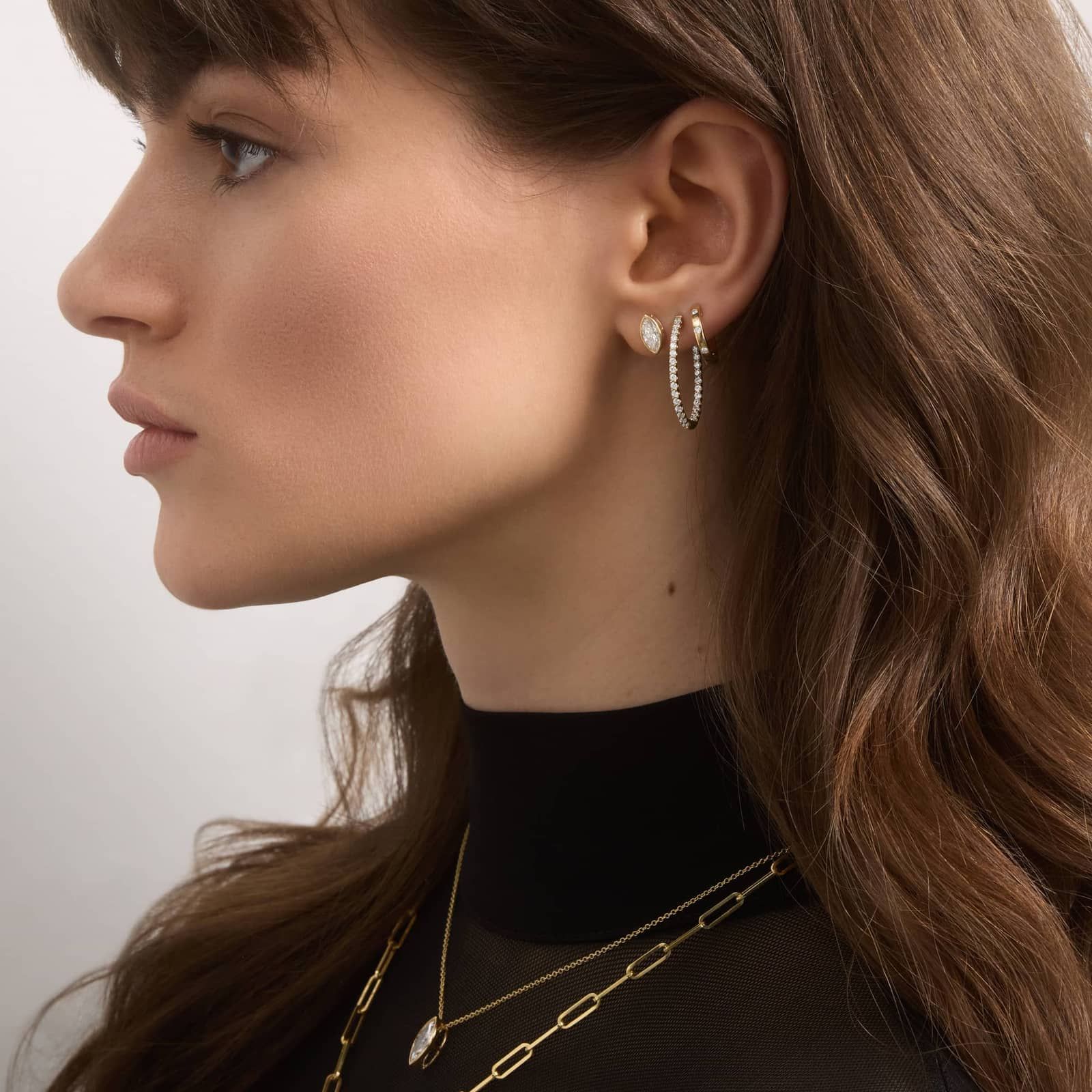 Bezel Diamond Stud Earrings With 1 CTW Marquise Cut Diamonds in 14K Yellow Gold