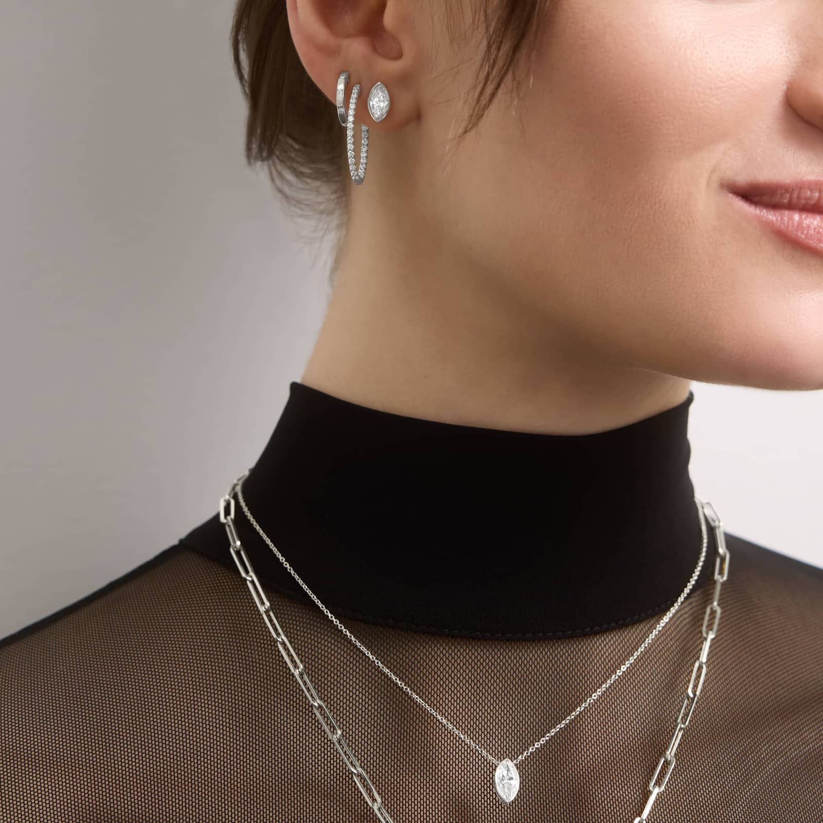 Bezel Diamond Stud Earrings With 1.5 CTW Marquise Cut Diamonds in 14K White Gold