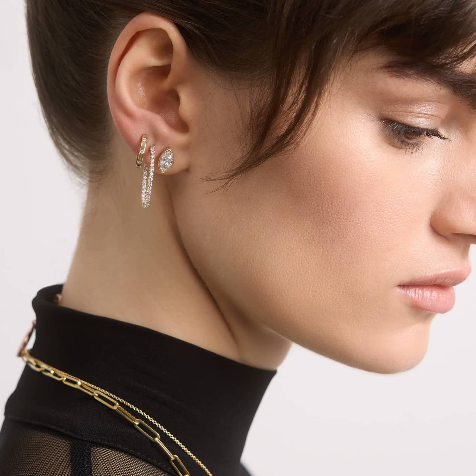 Bezel Diamond Stud Earrings With 1.5 CTW Marquise Cut Diamonds in 14K Yellow Gold