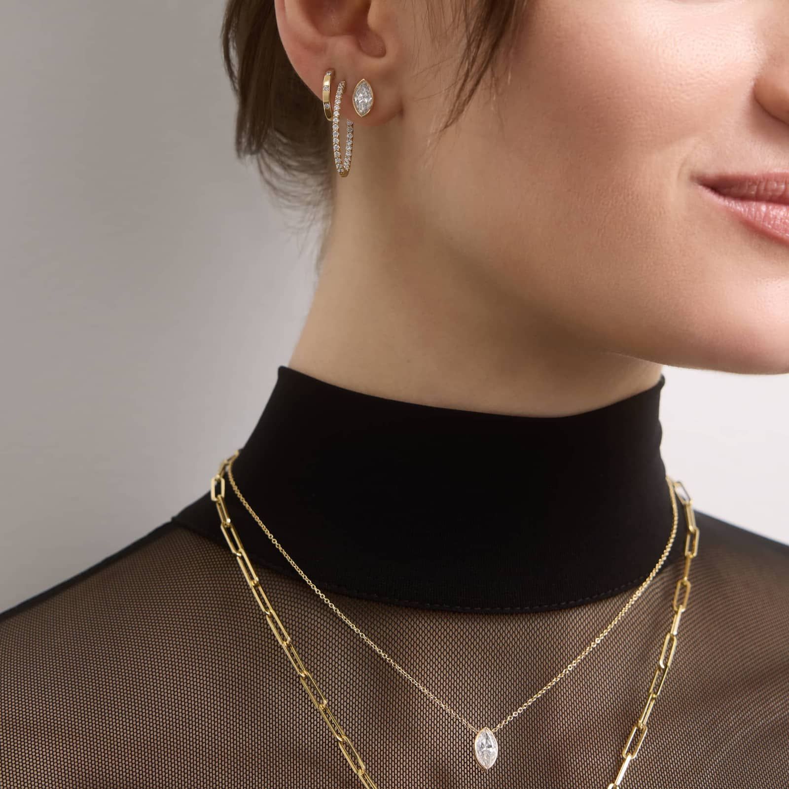 Bezel Diamond Stud Earrings With 1.5 CTW Marquise Cut Diamonds in 14K Yellow Gold