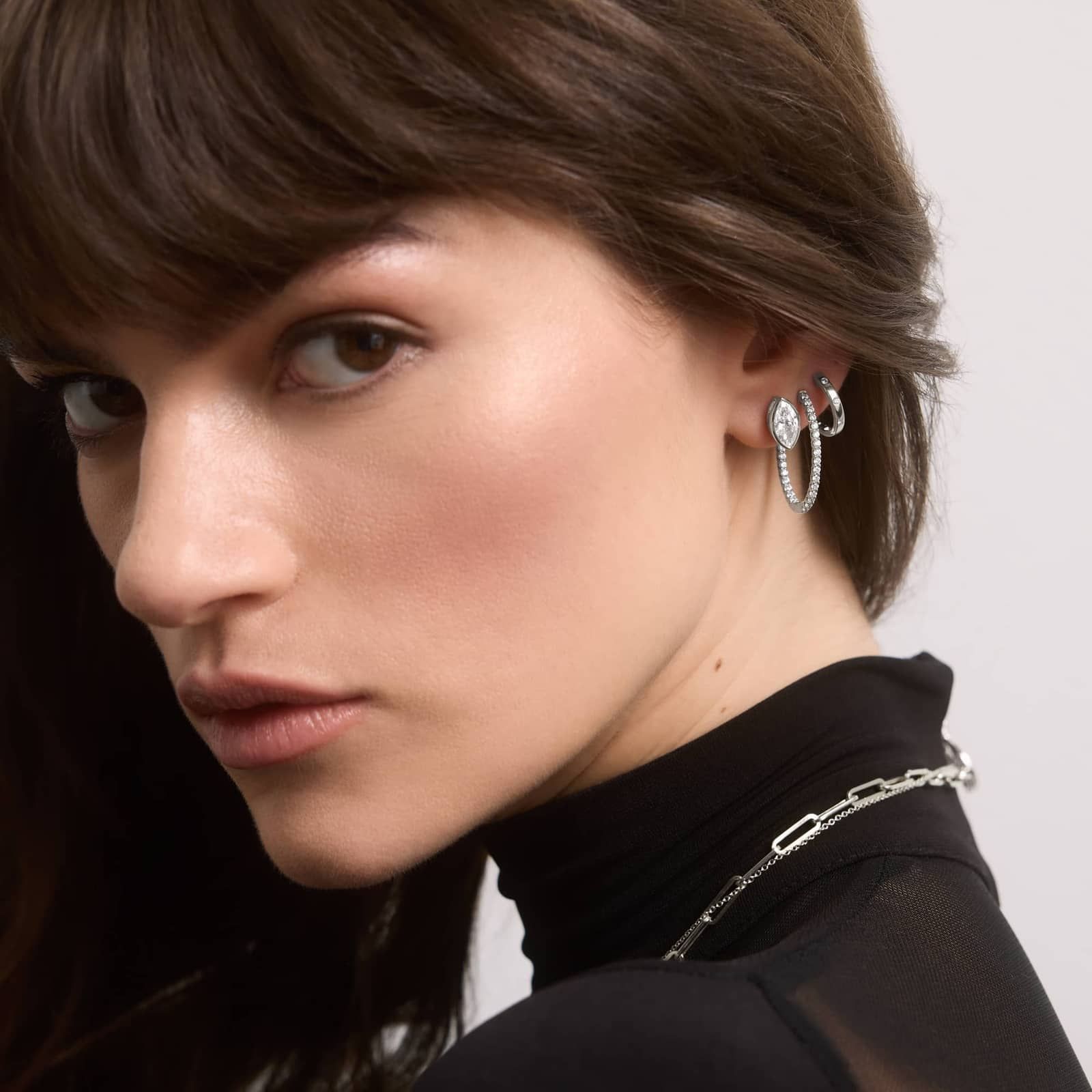 Bezel Diamond Stud Earrings With 2 CTW Marquise Cut Diamonds in Platinum