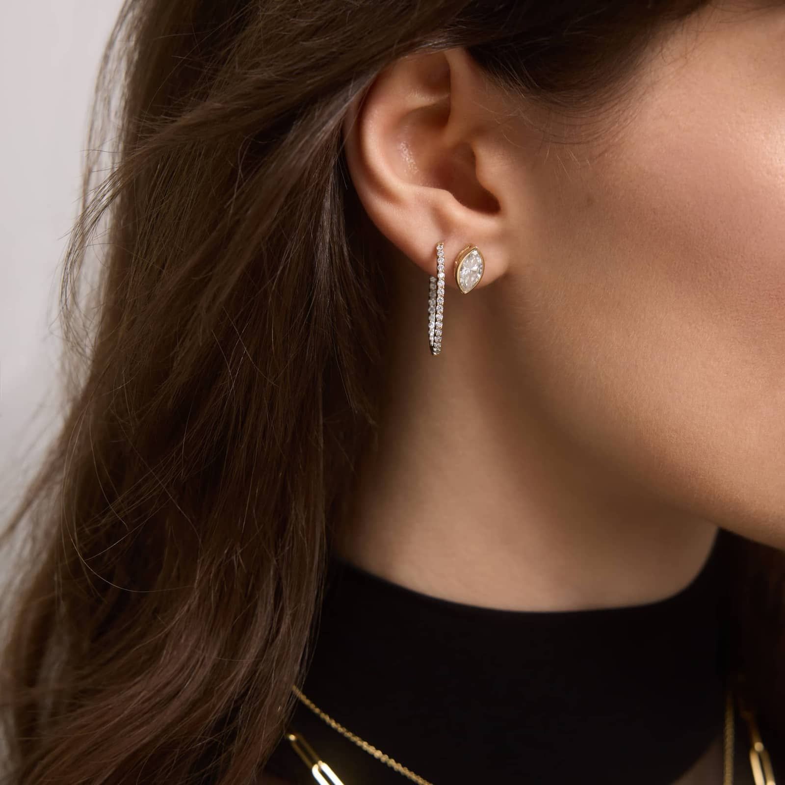 Bezel Diamond Stud Earrings With 2 CTW Marquise Cut Diamonds in 14K Yellow Gold