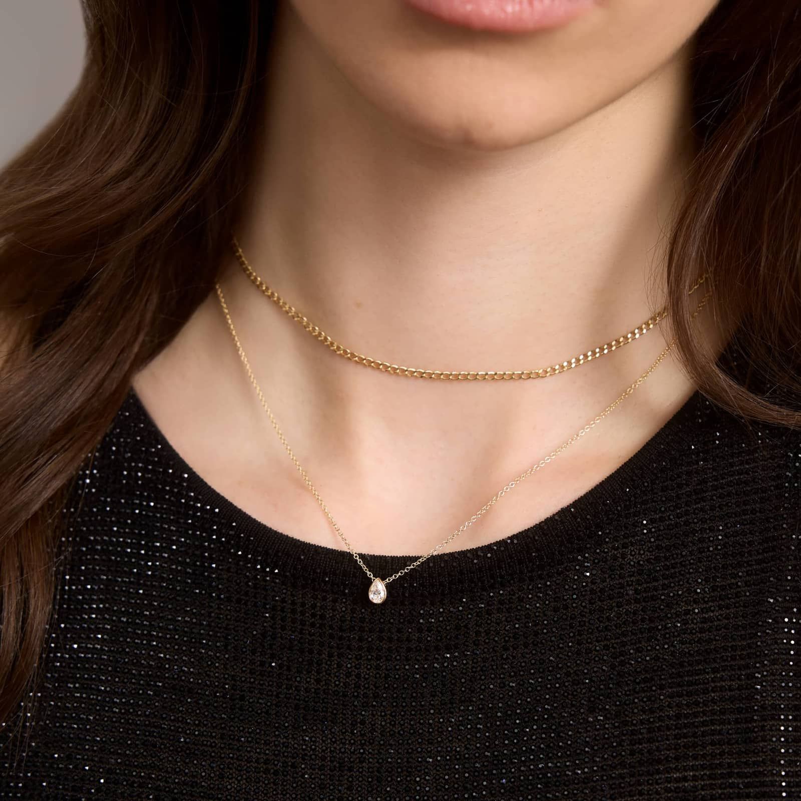 Bezel Solitaire Pendant Necklace With 0.25 CTW Pear Shaped Lab-Grown Diamond in 14K Yellow Gold