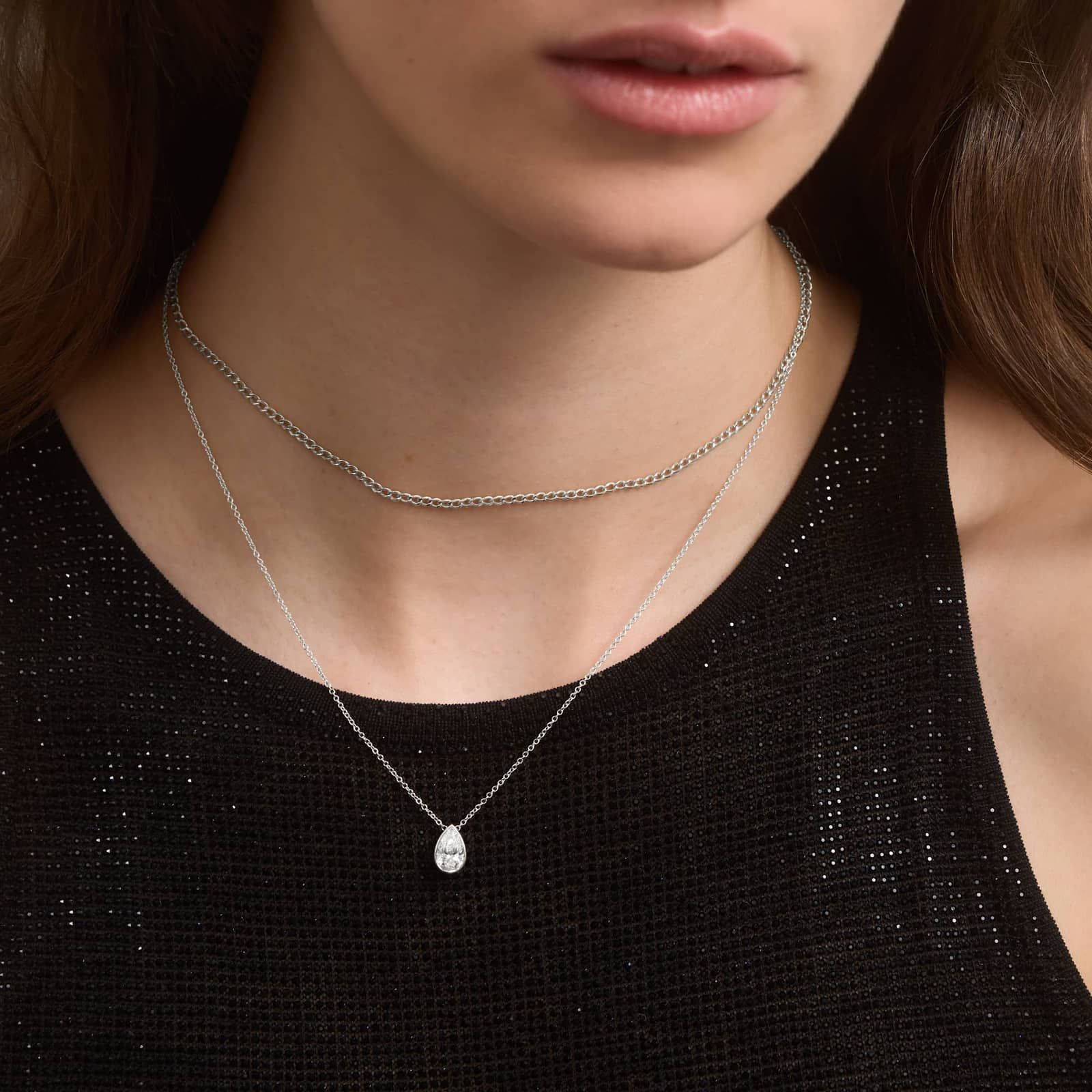 Bezel Solitaire Pendant Necklace With 1 CTW Pear Shaped Diamond in 14K White Gold