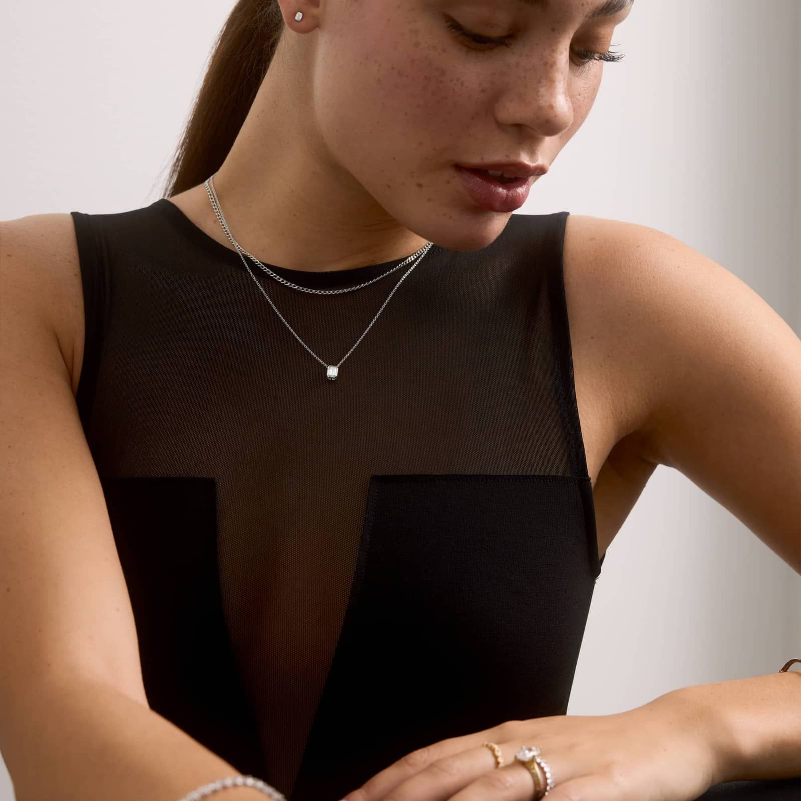 Bezel Solitaire Pendant Necklace With 0.5 CTW Emerald Cut Lab-Grown Diamond in 14K White Gold