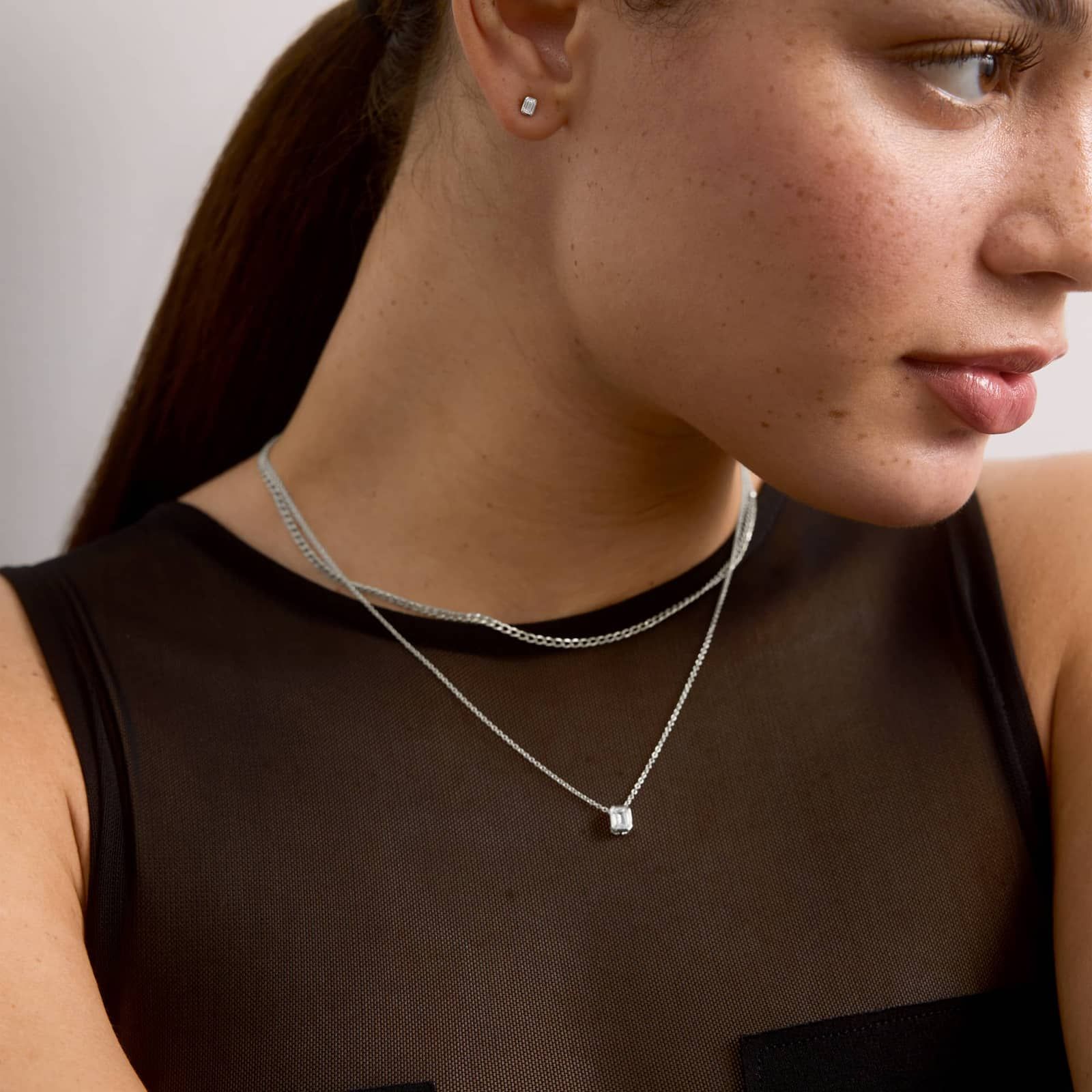 Bezel Solitaire Pendant Necklace With 0.5 CTW Emerald Cut Lab-Grown Diamond in 14K White Gold