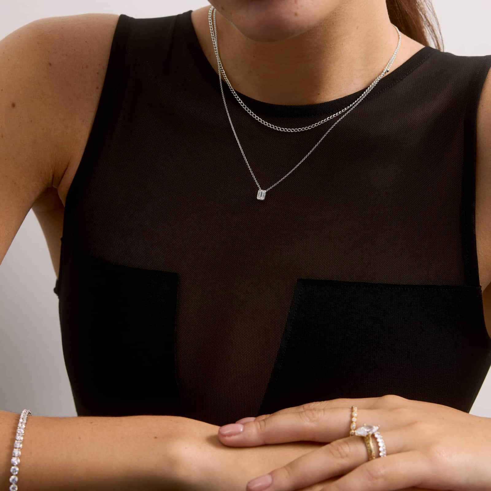 Bezel Solitaire Pendant Necklace With 0.5 CTW Emerald Cut Lab-Grown Diamond in 14K White Gold