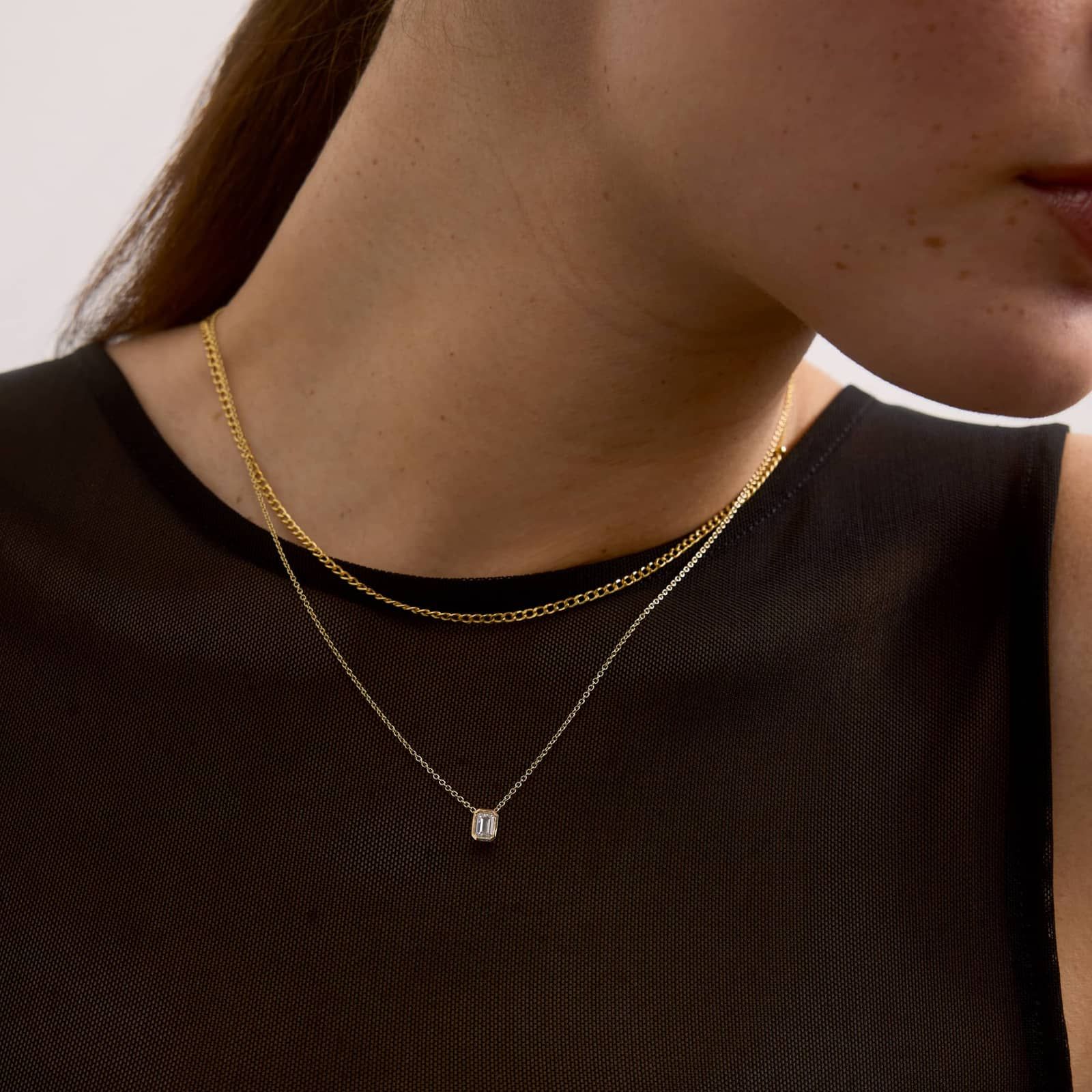 Bezel Solitaire Pendant Necklace With 0.5 CTW Emerald Cut Lab-Grown Diamond in 14K Yellow Gold