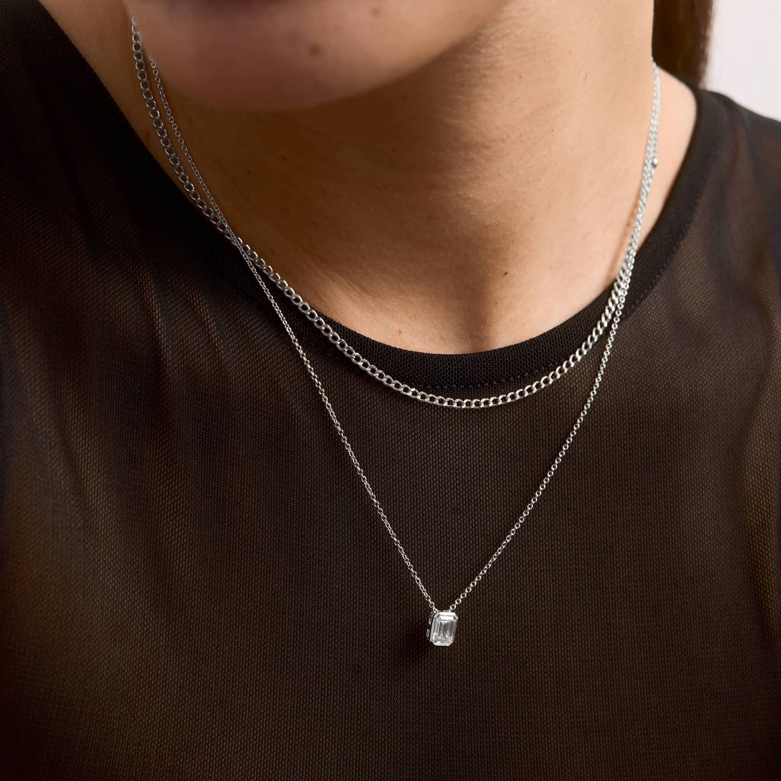 Bezel Solitaire Pendant Necklace With 0.75 CTW Emerald Cut Lab-Grown Diamond in 14K White Gold