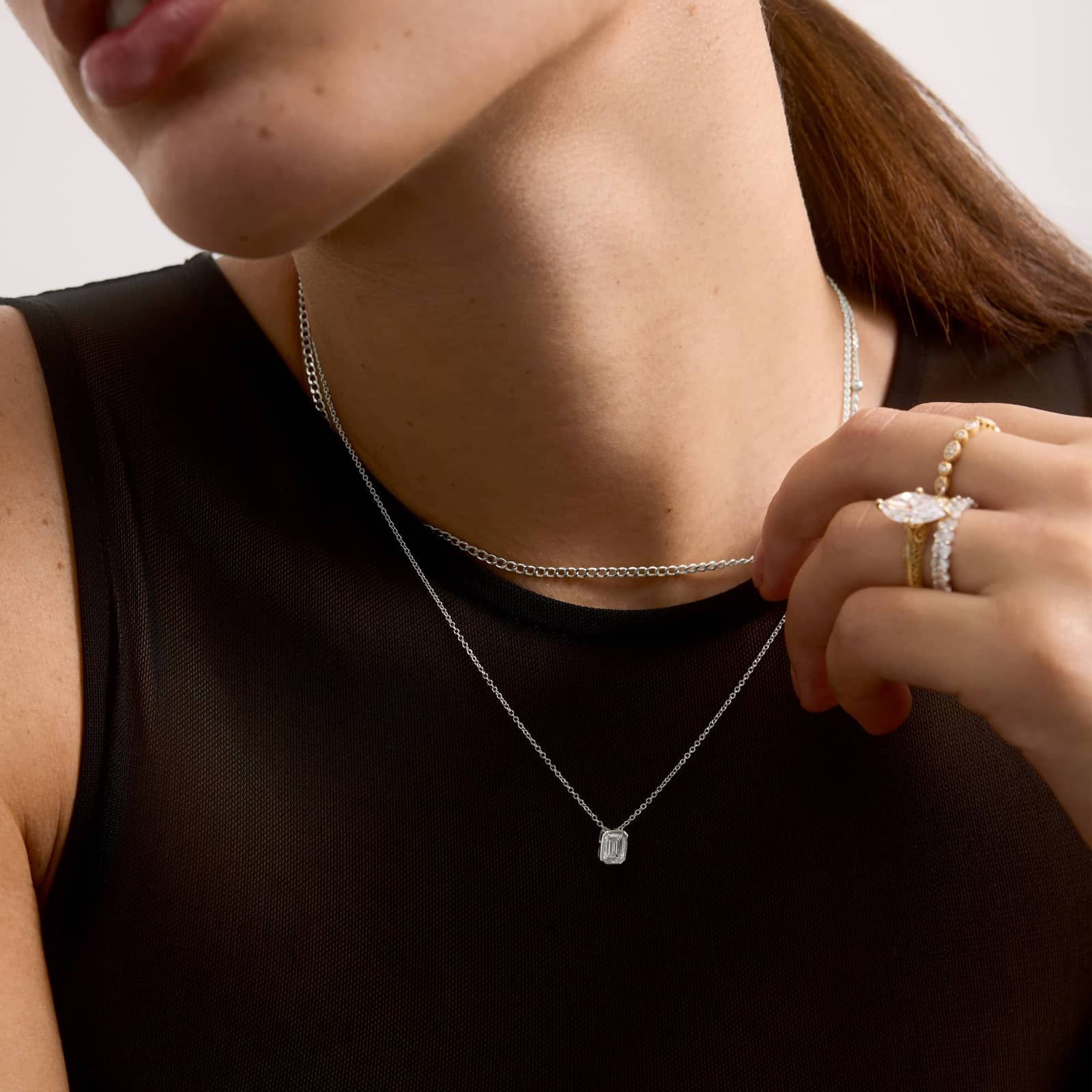 Bezel Solitaire Pendant Necklace With 0.75 CTW Emerald Cut Lab-Grown Diamond in 14K White Gold