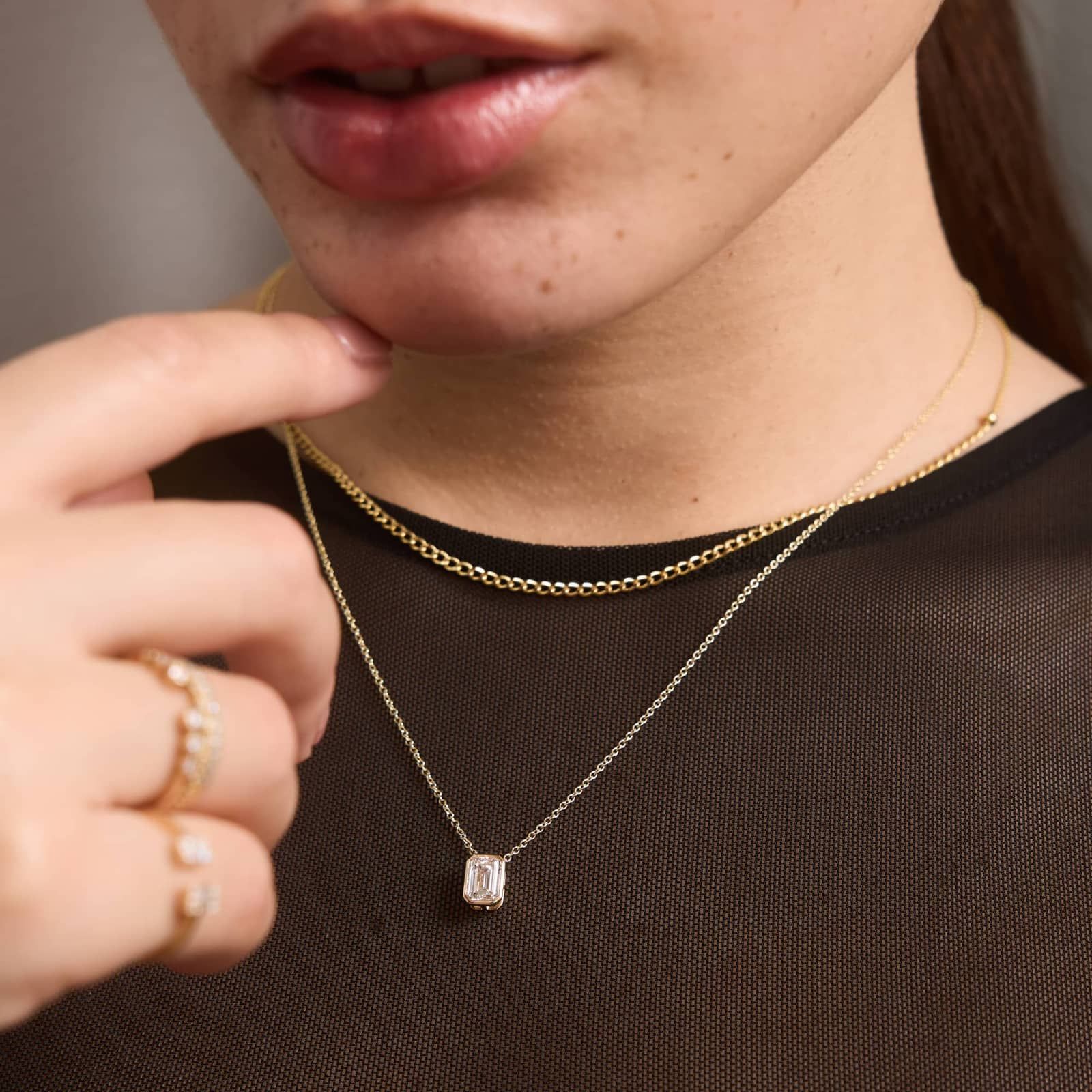 Bezel Solitaire Pendant Necklace With 1 CTW Emerald Cut Lab-Grown Diamond in 14K Yellow Gold