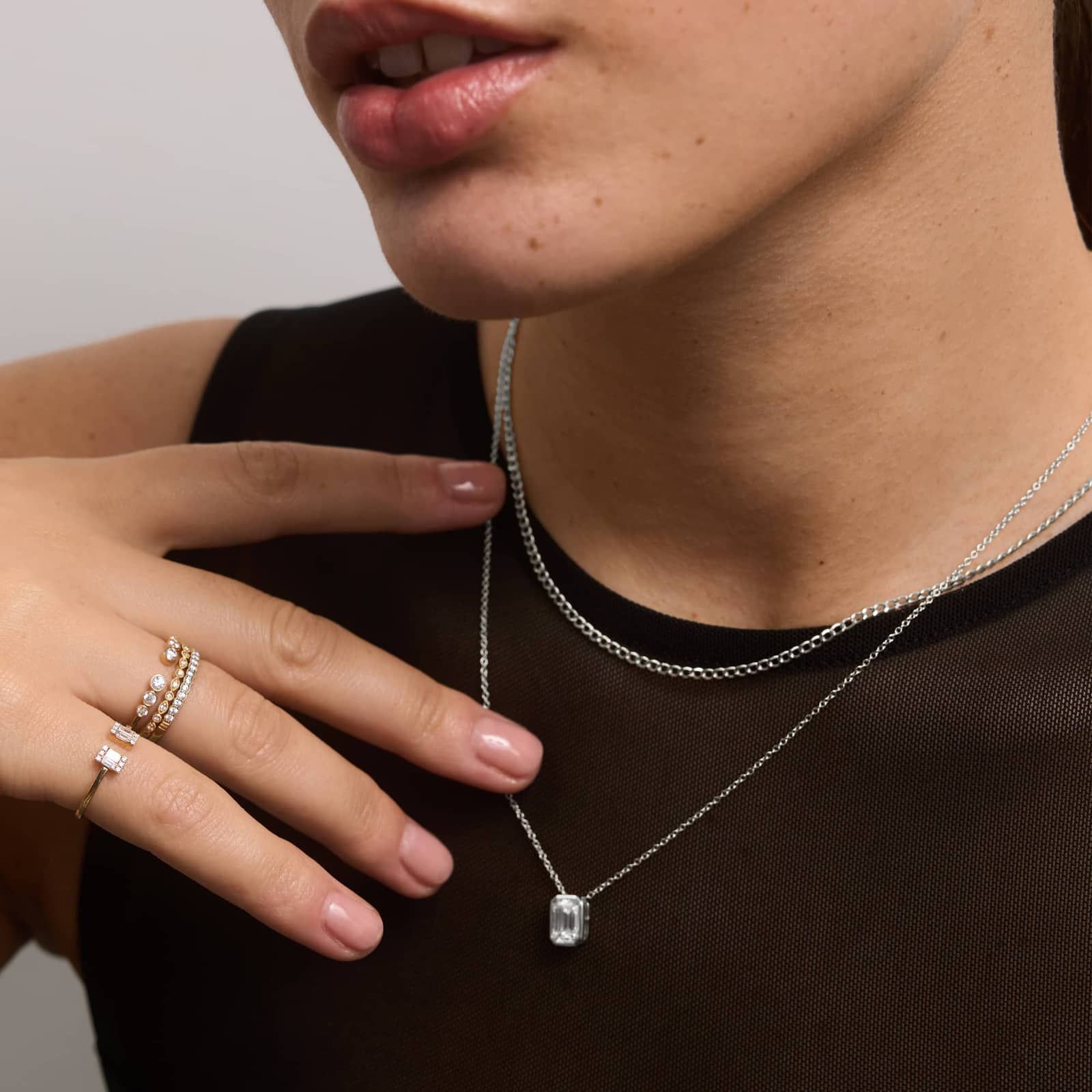 Bezel Solitaire Pendant Necklace With 1.5 CTW Emerald Cut Lab-Grown Diamond in 14K White Gold