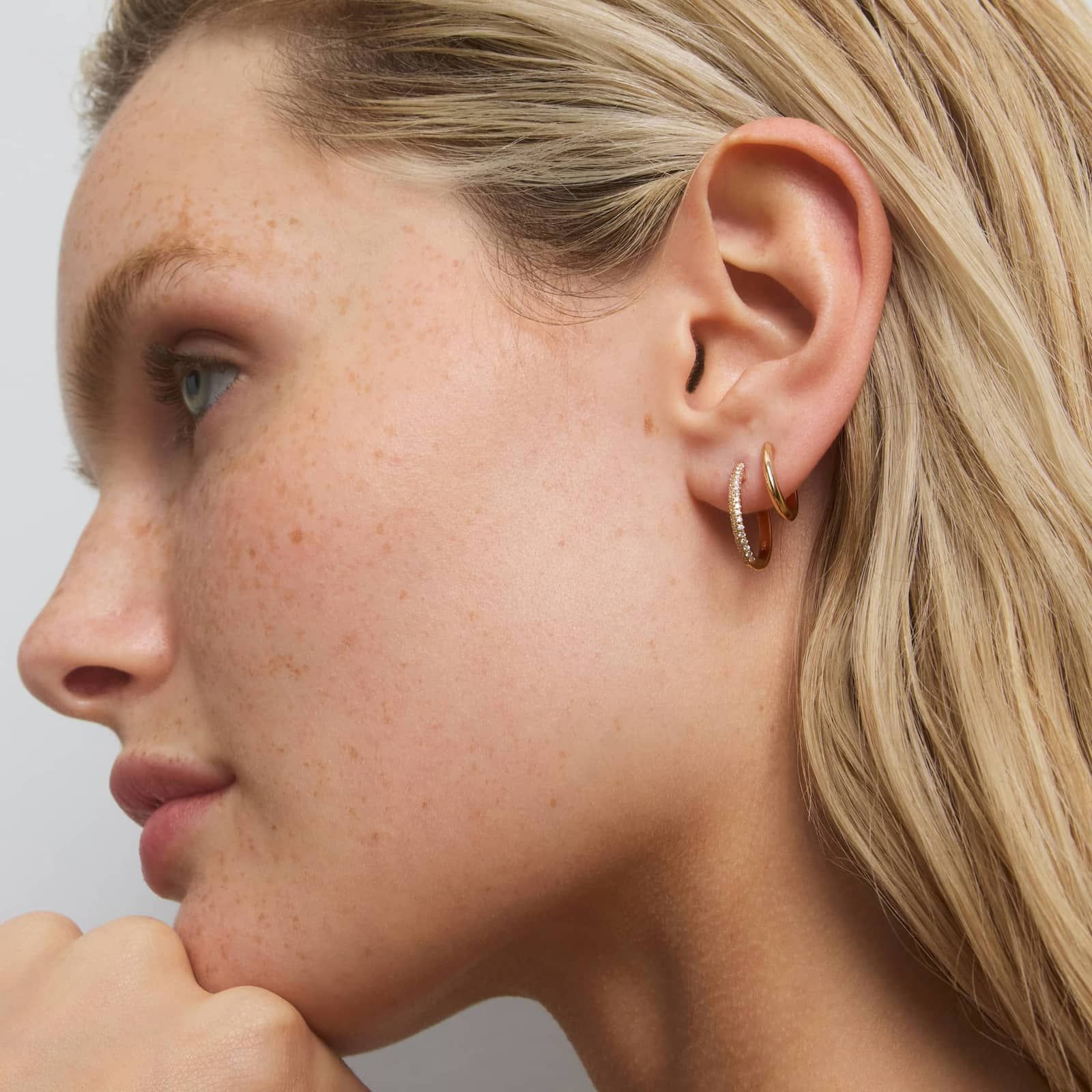 Double Row Climber Huggie Hoop Earrings With Lab-Grown Diamonds In 14K Yellow Gold