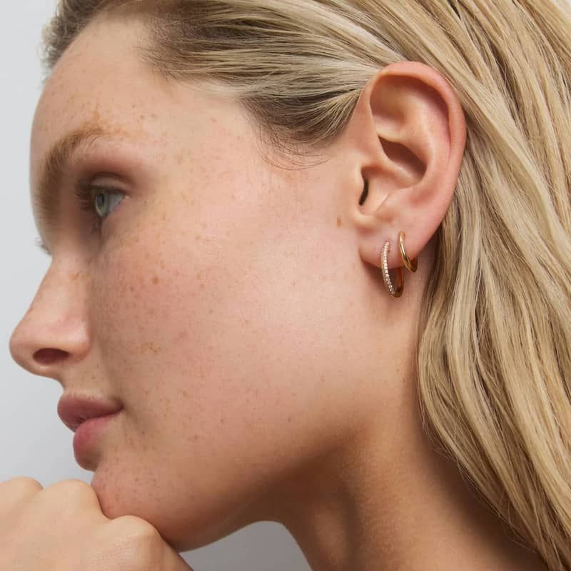 Double Row Climber Huggie Hoop Earrings With Lab-Grown Diamonds In 14K Yellow Gold