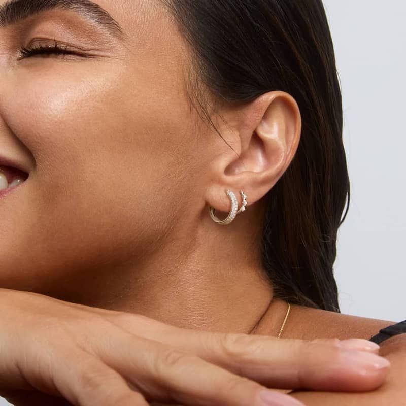 Double Row Climber Huggie Hoop Earrings With Lab-Grown Diamonds In 14K White Gold