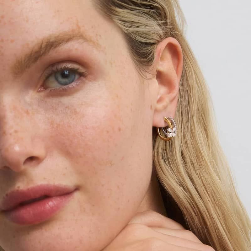 Two-Tone Climber Huggie Earrings With Flower Detail and Lab-Grown Diamonds In 14K Gold