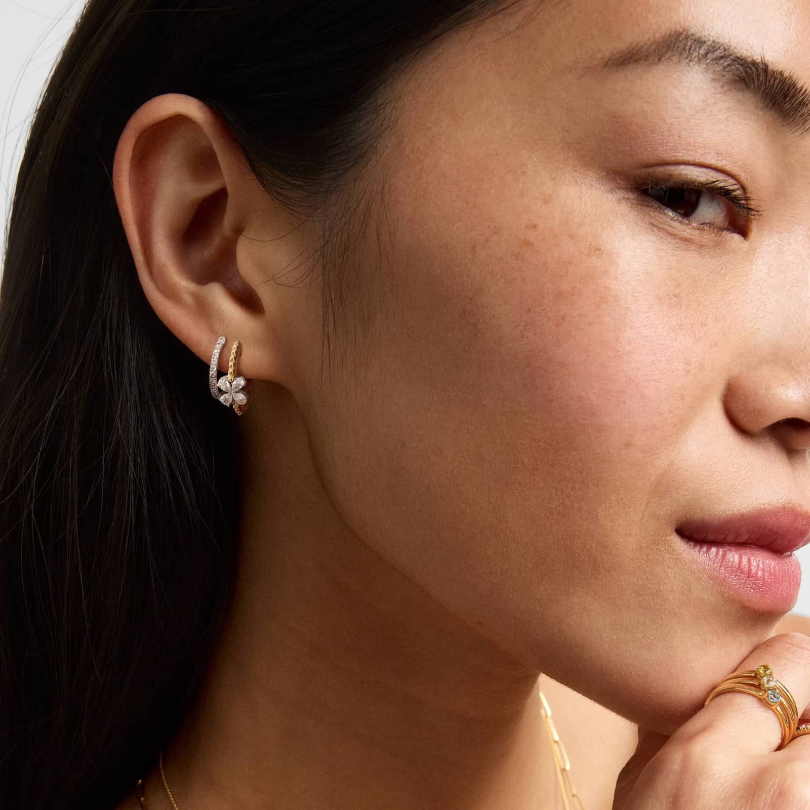 Two-Tone Climber Huggie Earrings With Flower Detail and Lab-Grown Diamonds In 14K Gold