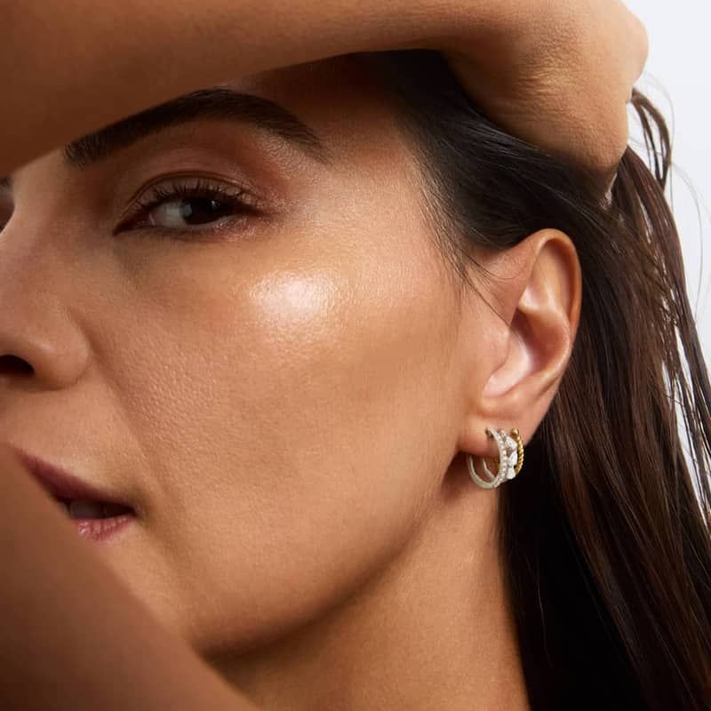 Two-Tone Triple Row Climber Huggie Earrings With Lab-Grown Diamonds In 14K Gold