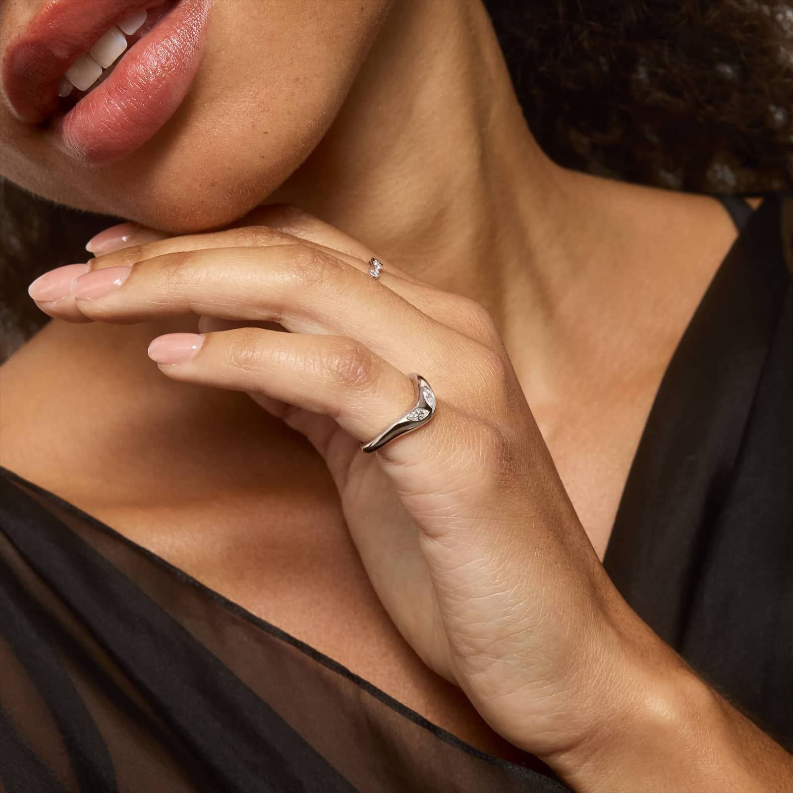 Curved Dome Two Stone Ring With 0.20 CTW Marquise Cut Lab-Grown Diamonds In 14K White Gold