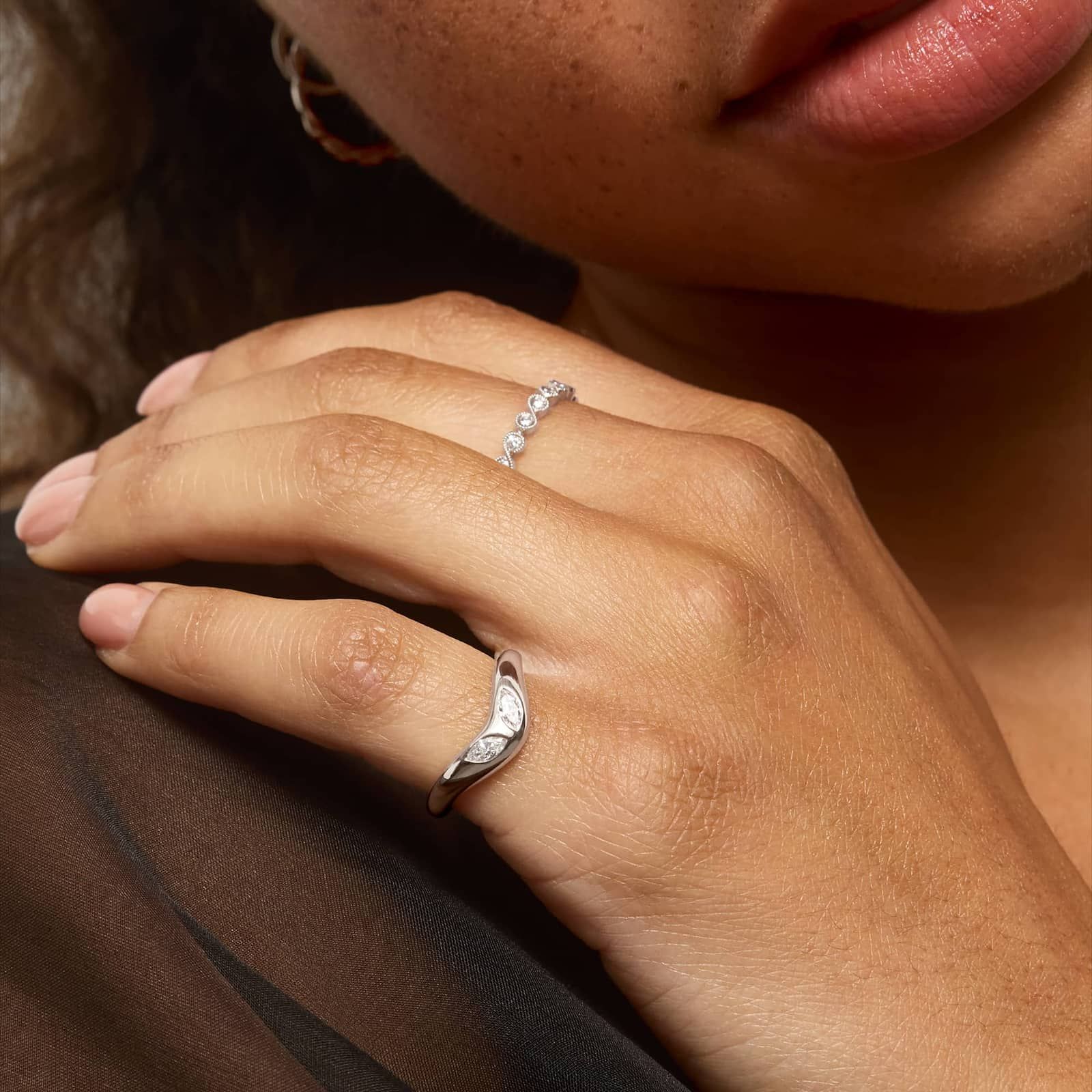 Curved Dome Two Stone Ring With 0.20 CTW Marquise Cut Lab-Grown Diamonds In 14K White Gold