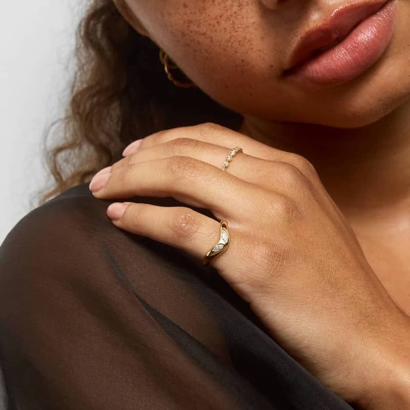 Curved Dome Two Stone Ring With 0.20 CTW Marquise Cut Lab-Grown Diamonds In 14K Yellow Gold