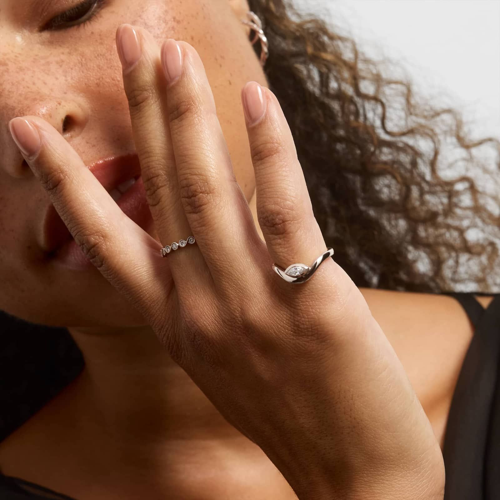 Bezel Curved Ring With 0.20 CTW Marquise Cut Lab-Grown Diamond In 14K Whitie Gold