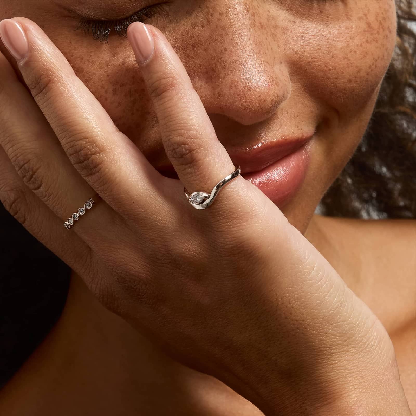 Bezel Curved Ring With 0.20 CTW Marquise Cut Lab-Grown Diamond In 14K Whitie Gold